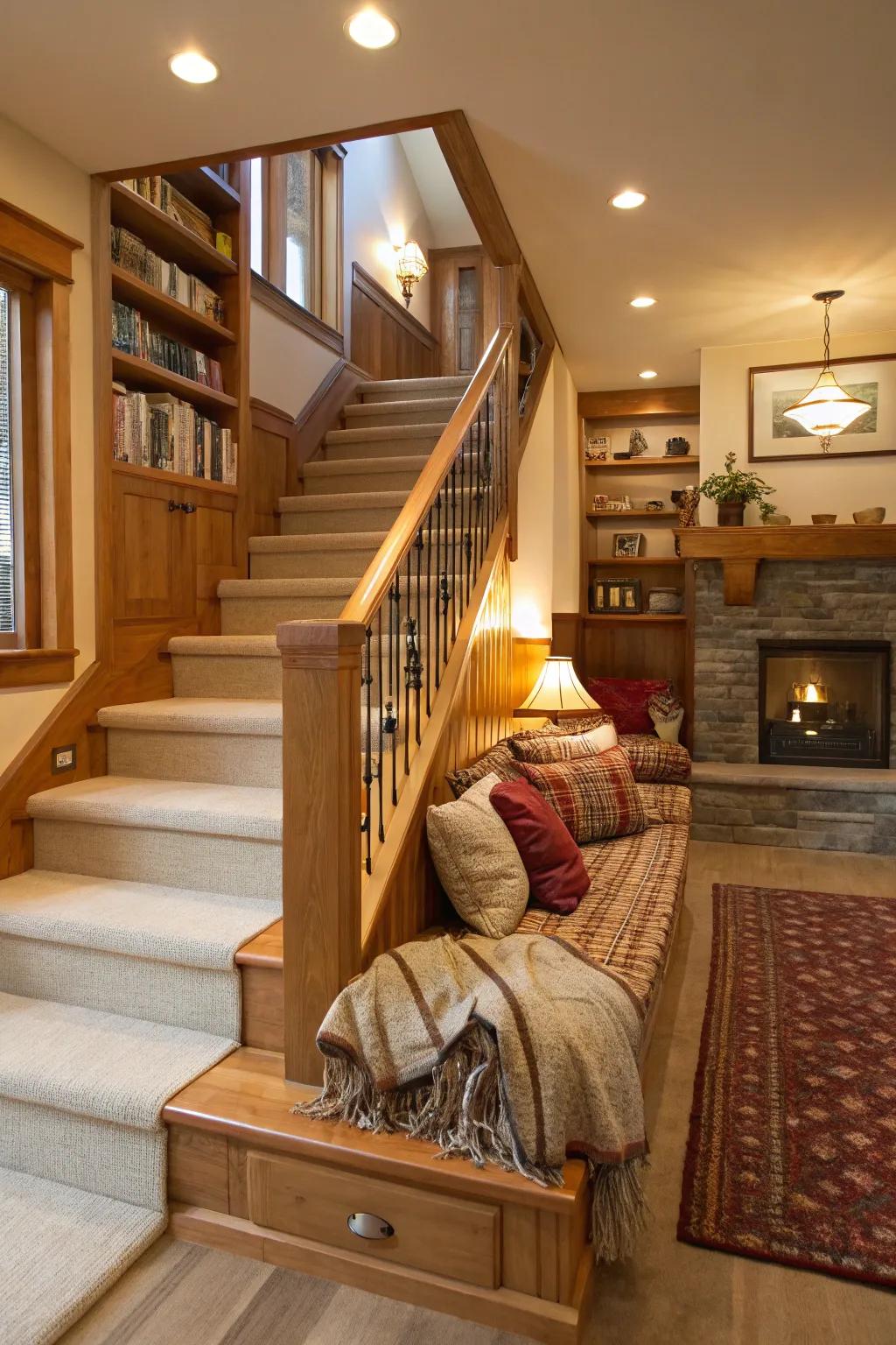 Built-in seating adds comfort next to stairs.