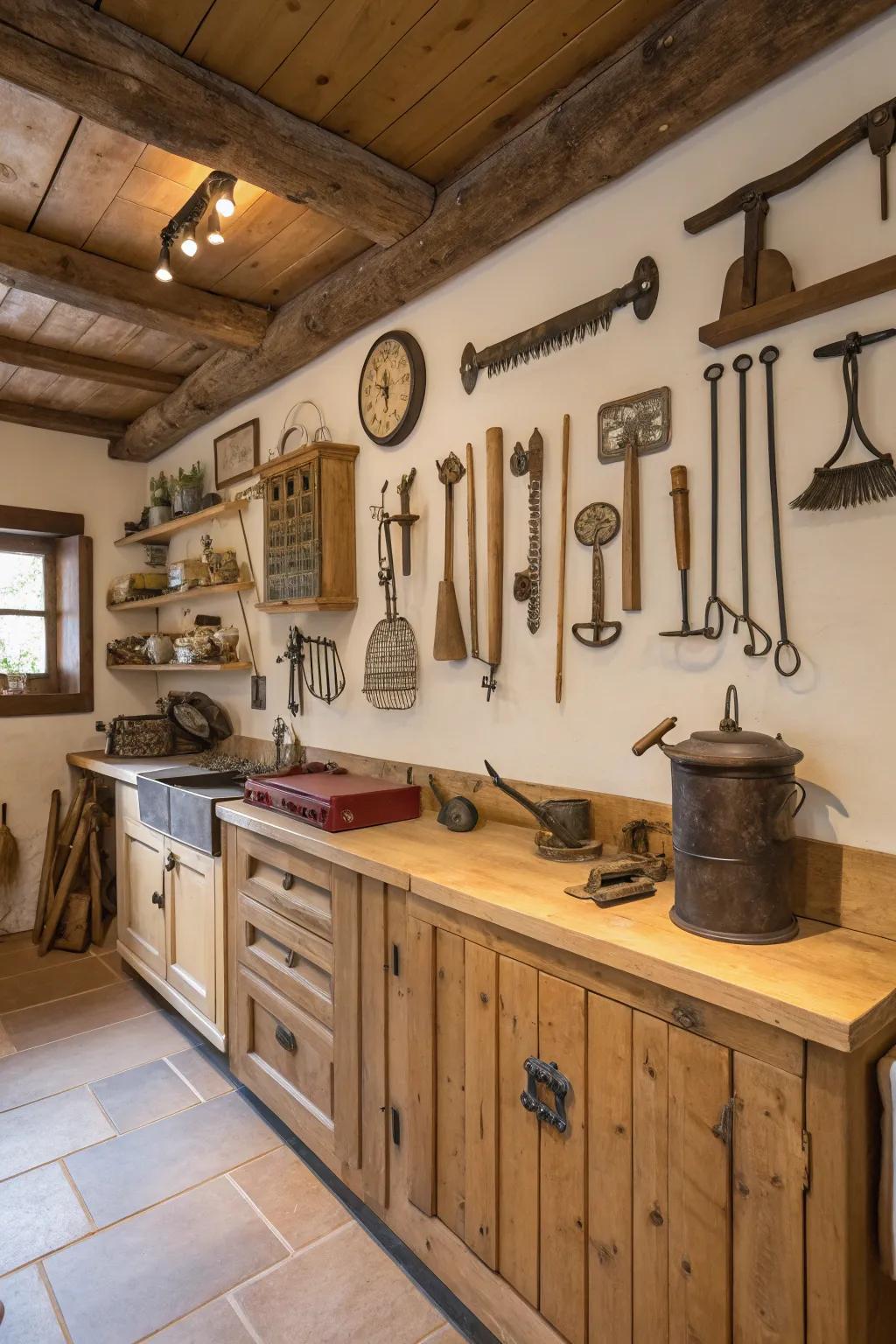 Antique farm instruments contribute historical appeal to your decorations.