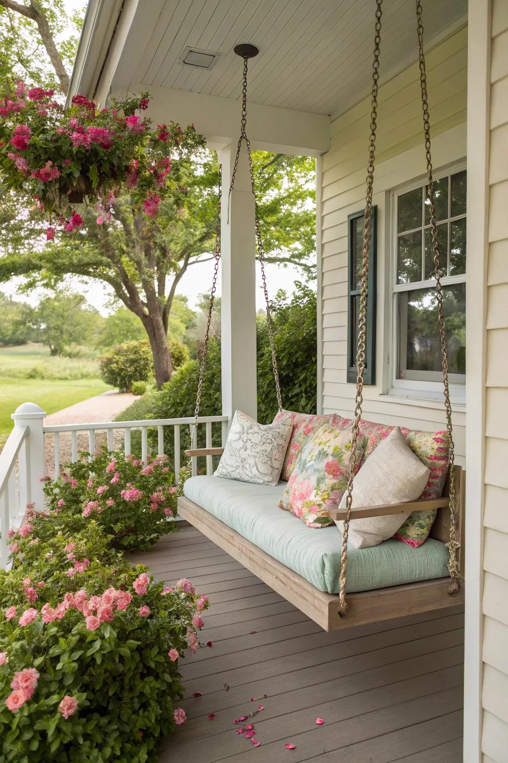 A porch rocker offers a charming spot to relax and unwind.