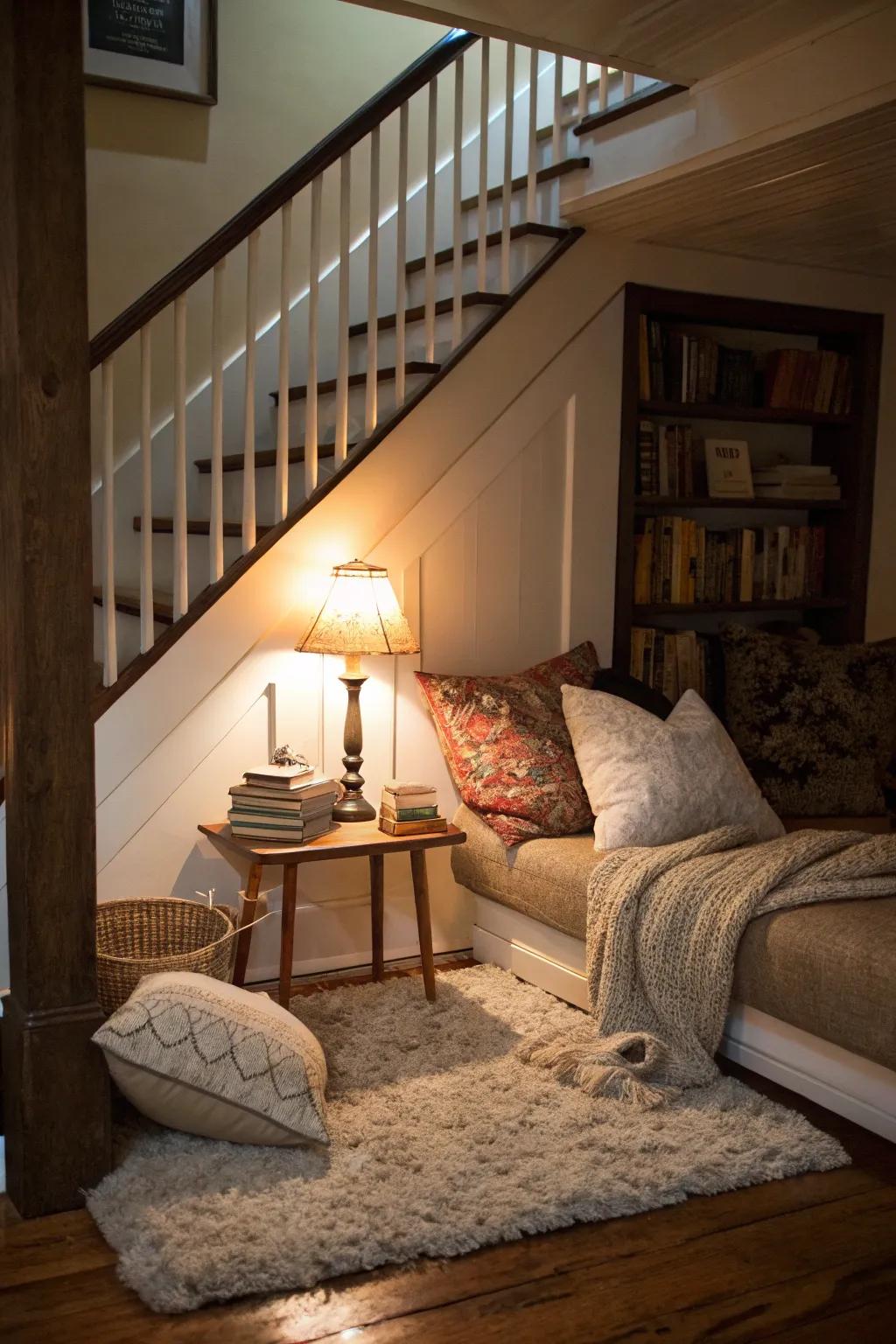 An under-stair reading nook offers a surprising and delightful use of space.