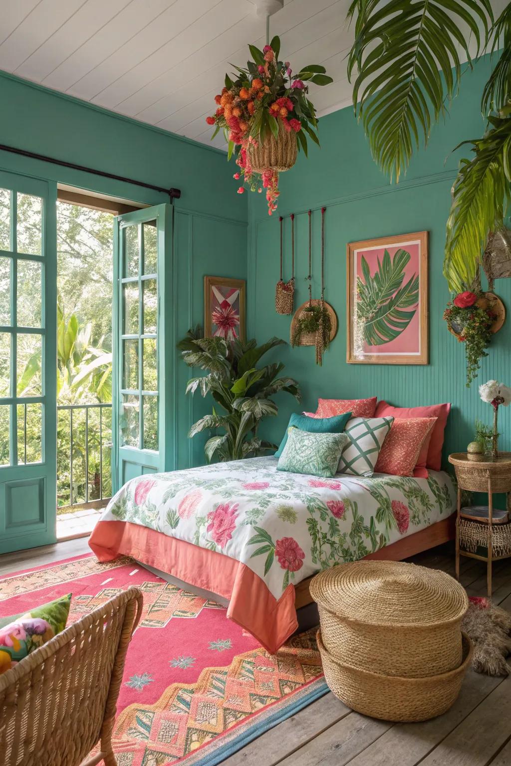 A tropical-inspired bedroom decorated with lively and refreshing features.