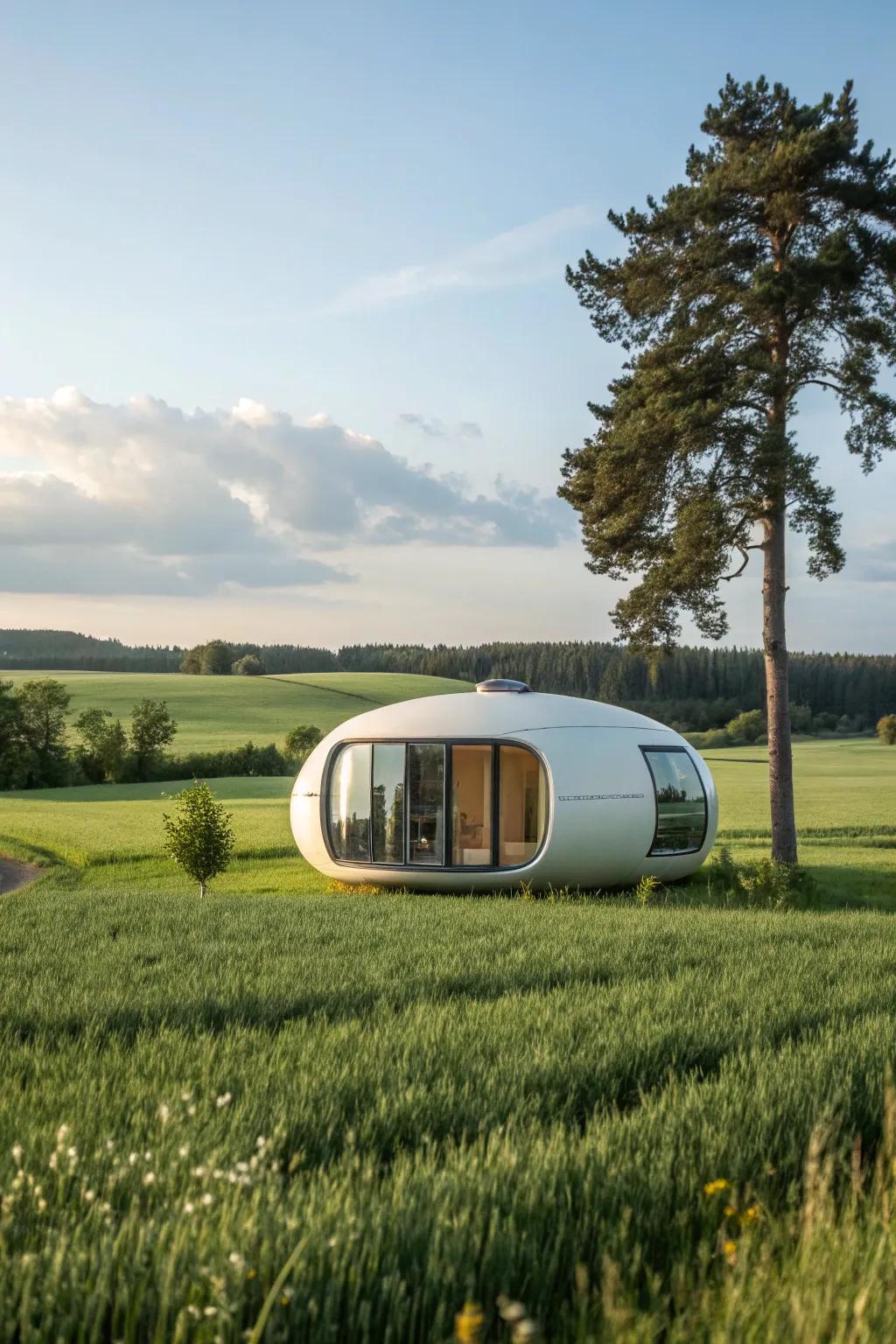 A futuristic capsule home appearing prepared for space-age existence.