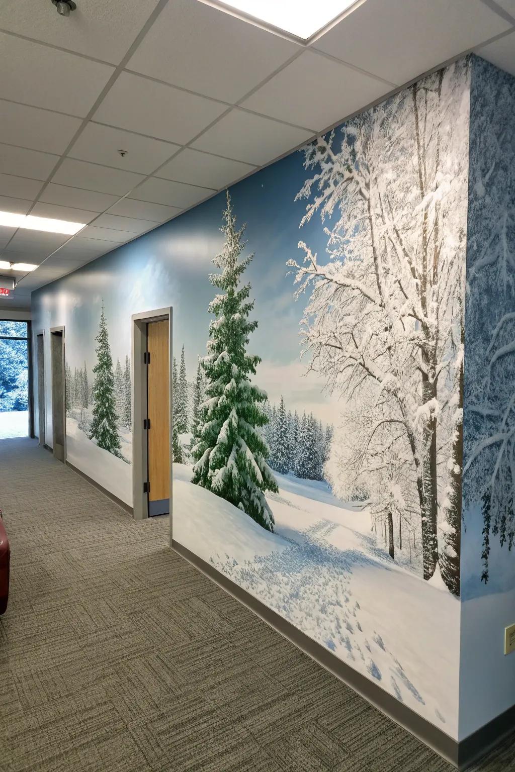 A winter utopia mural transforms office dividers into a celebratory vista.