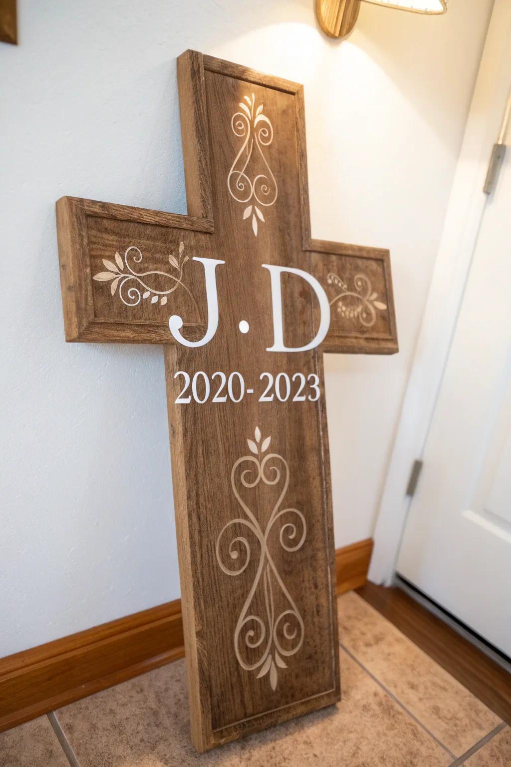 A personalized crucifix injecting a heartfelt sentiment to your interior.