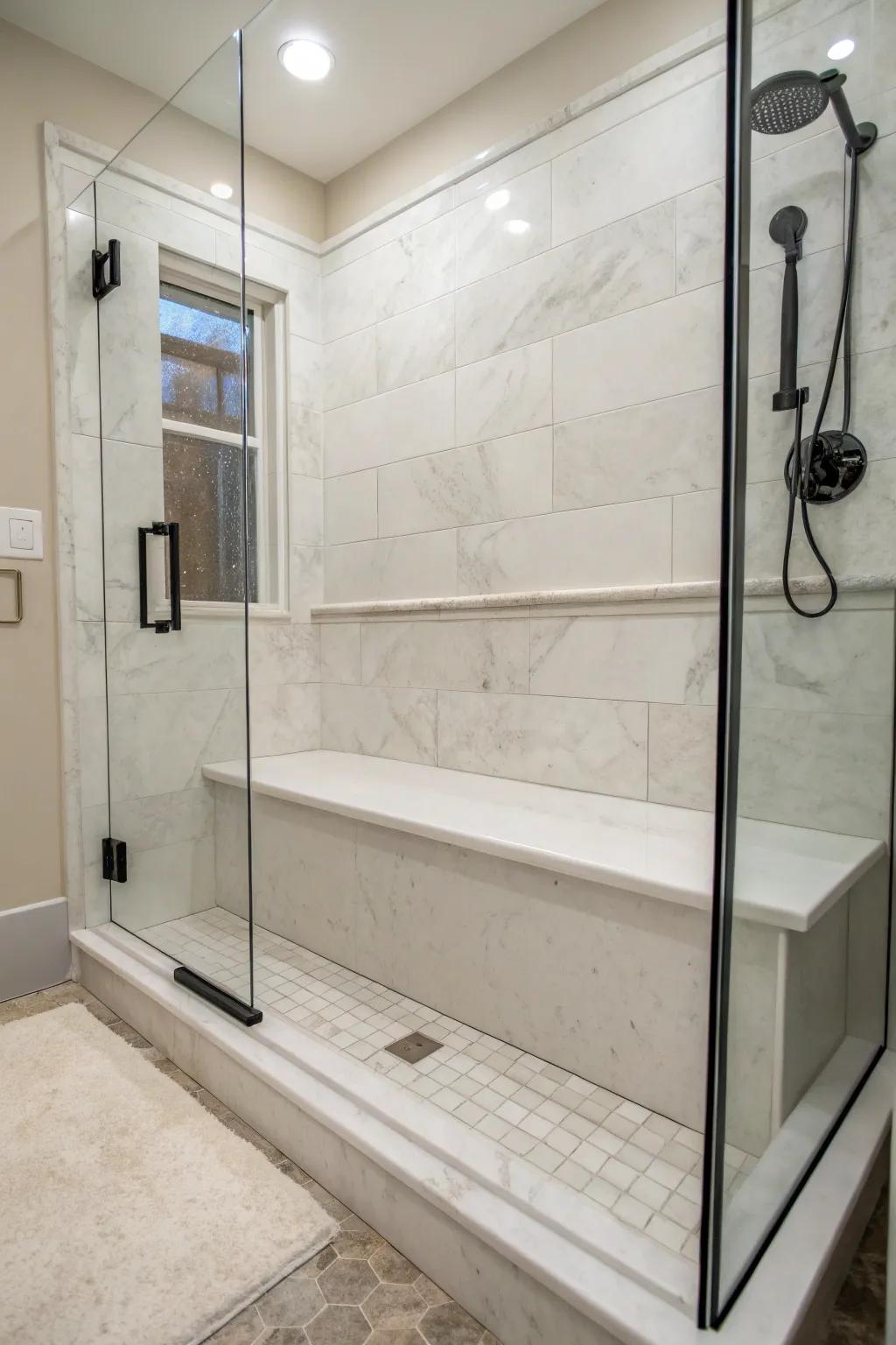 A shower seating adds practicality to refined marble alternative showers.