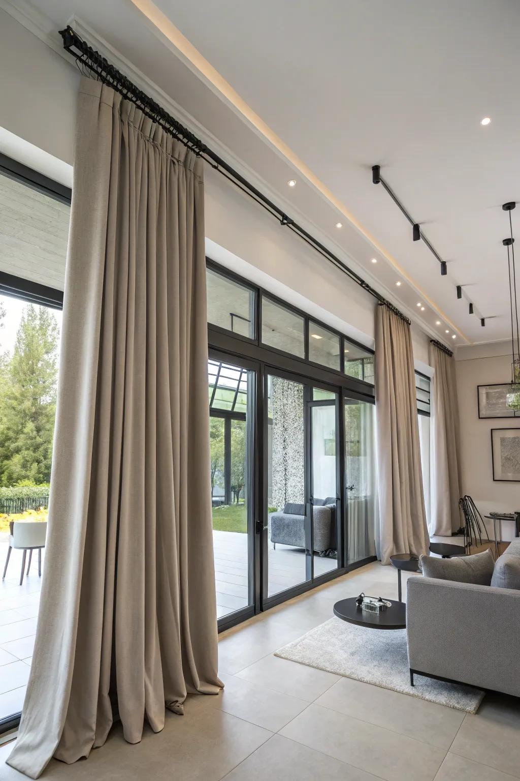 Top-mounted curtain rods make rooms appear more spacious.
