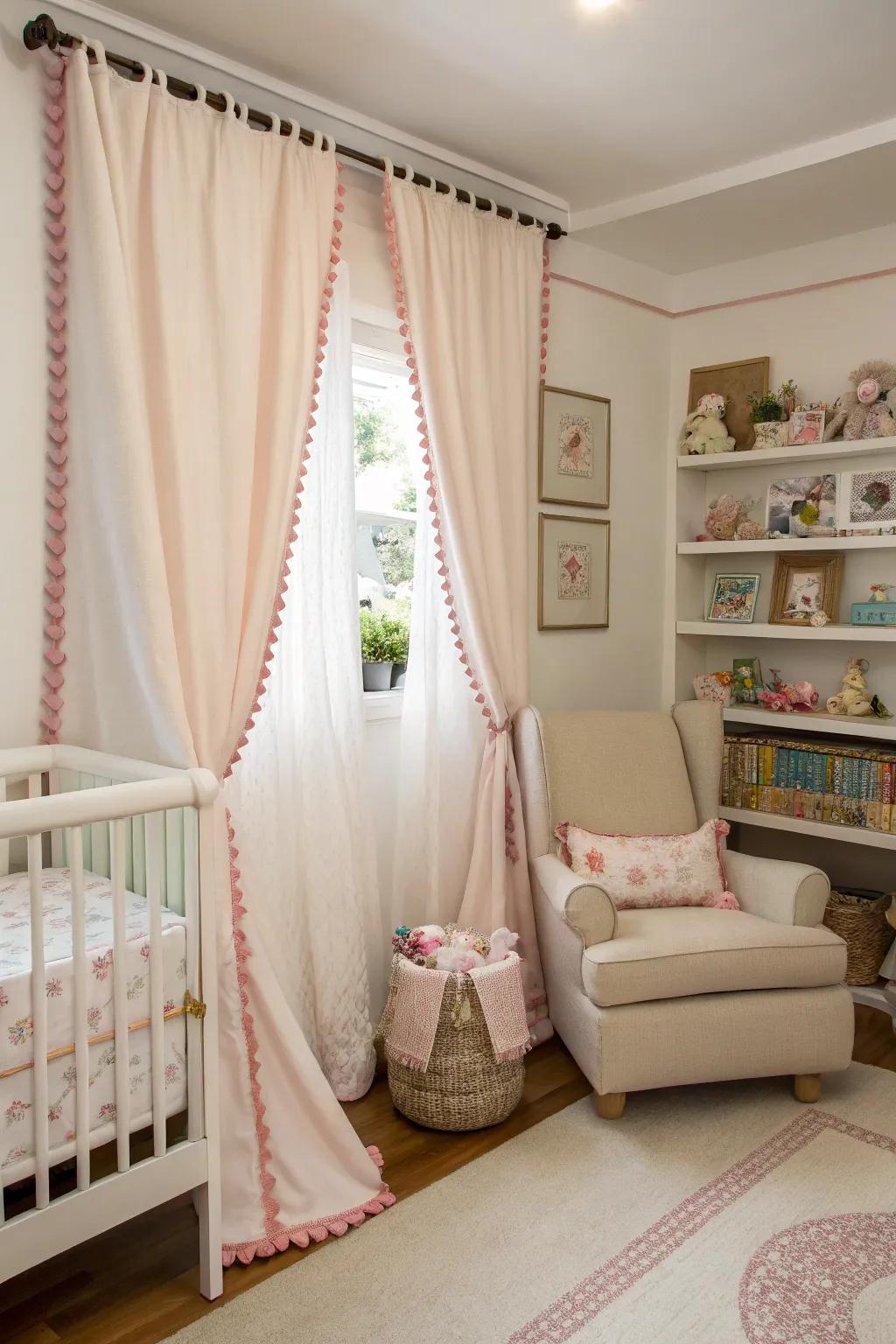 Classic nursery drapes with wavy edges.