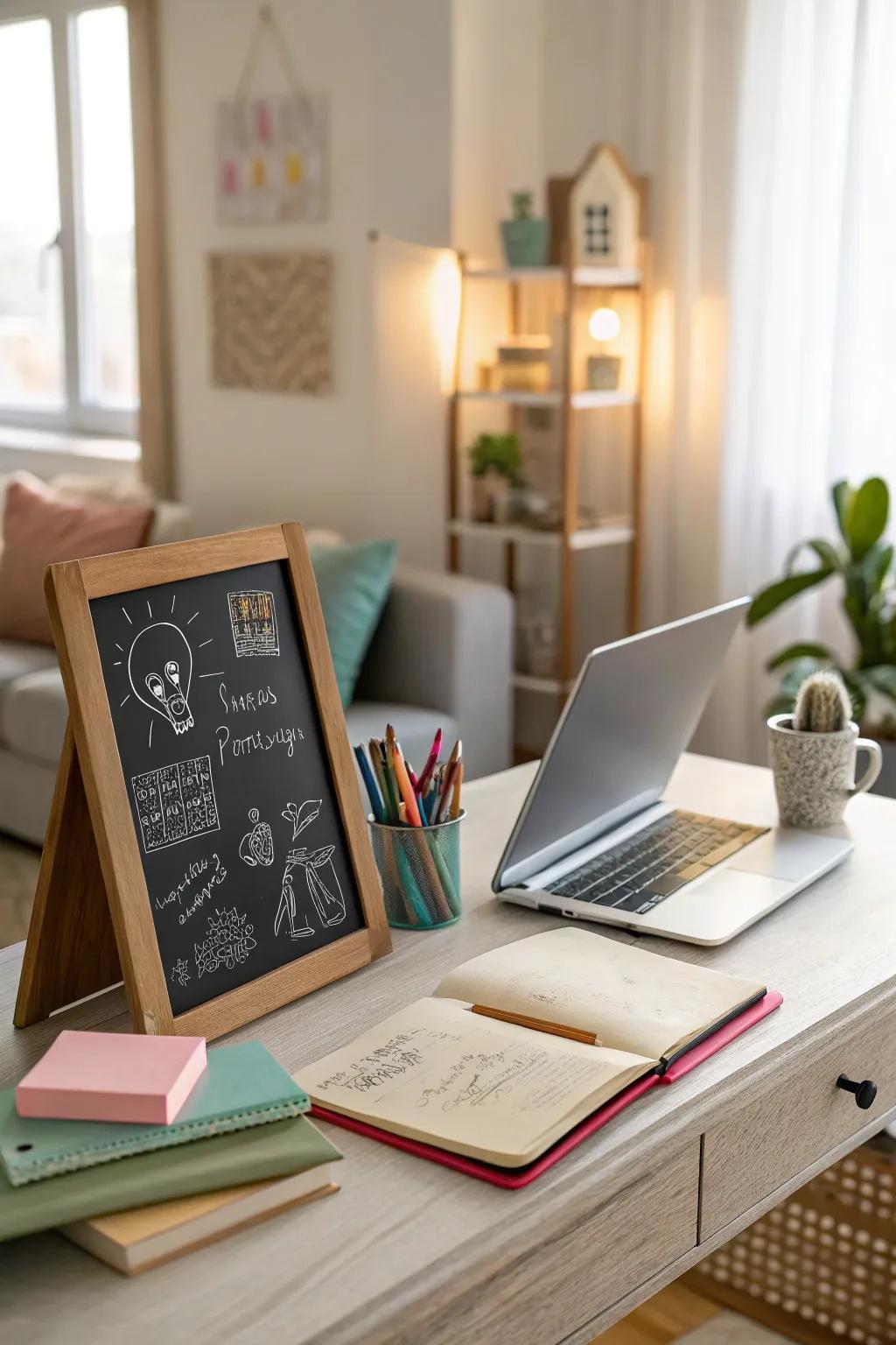 A desk featuring a chalkboard for a creative workspace.