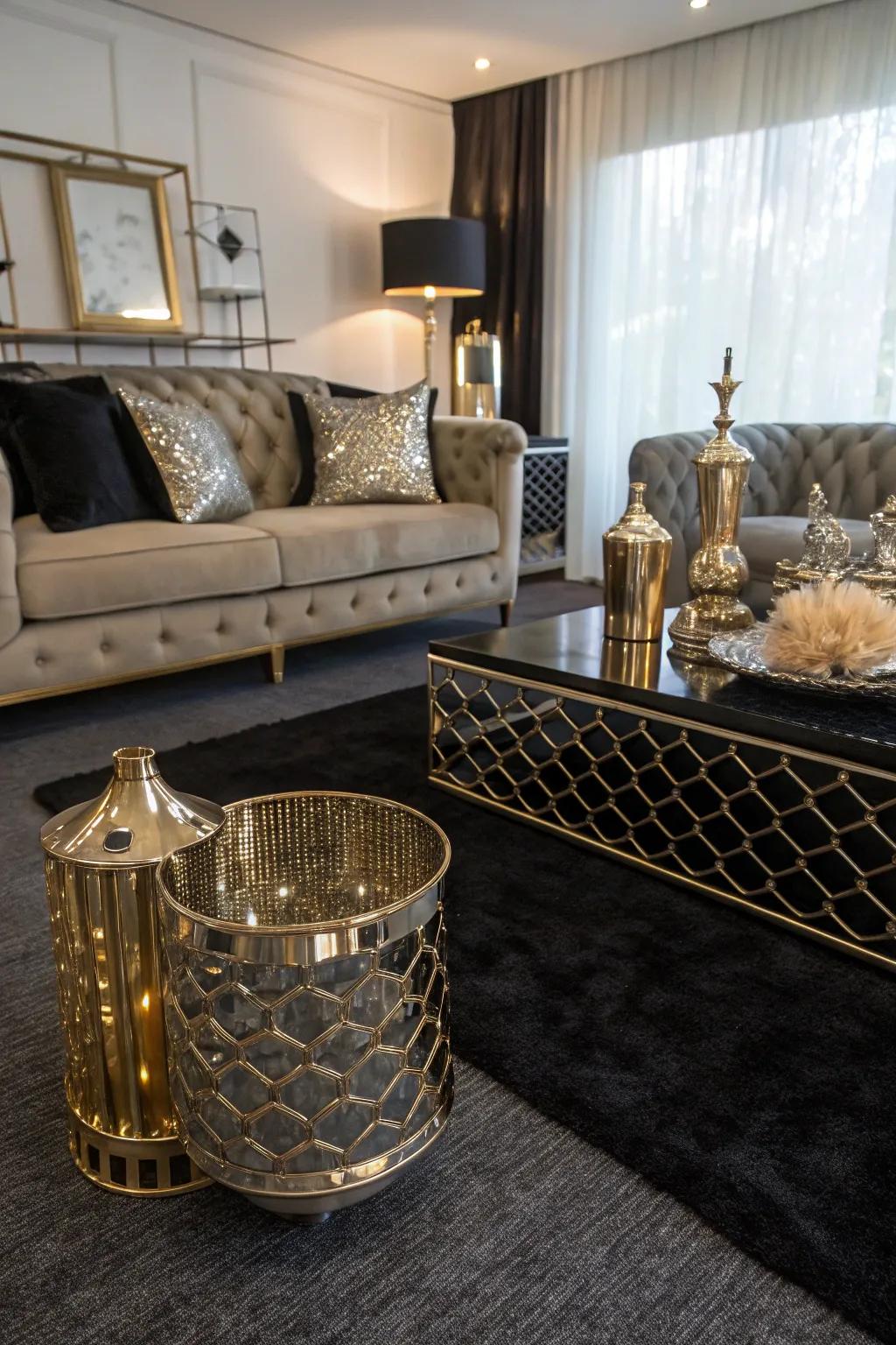 Metallic accents add a hint of charm to a dark-toned carpeted room.
