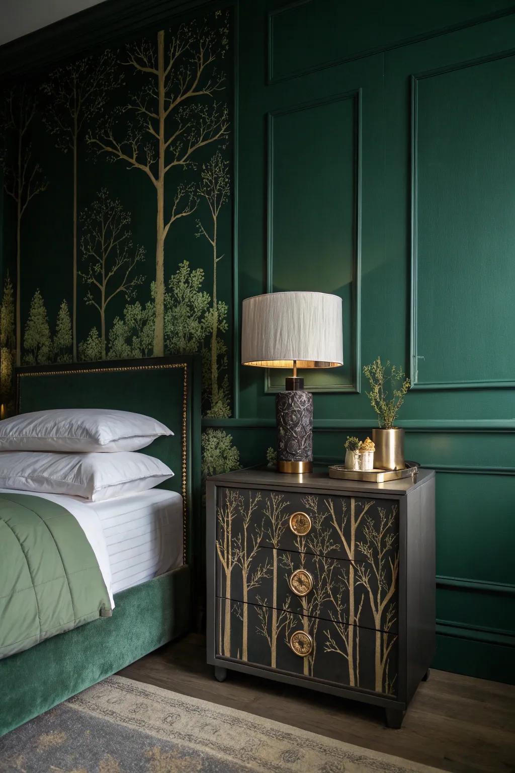 A shaded-green bedroom via sleek deep forest bedside tables enhancing the sophisticated vibe.