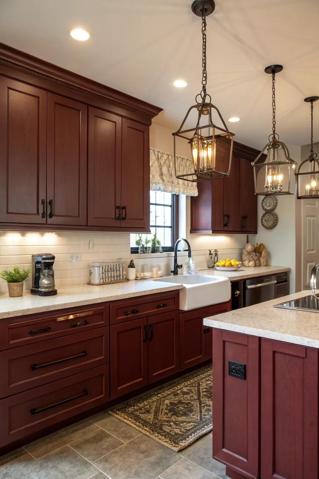 Alluring culinary space featuring tinted ruby fixtures and timeless touches.