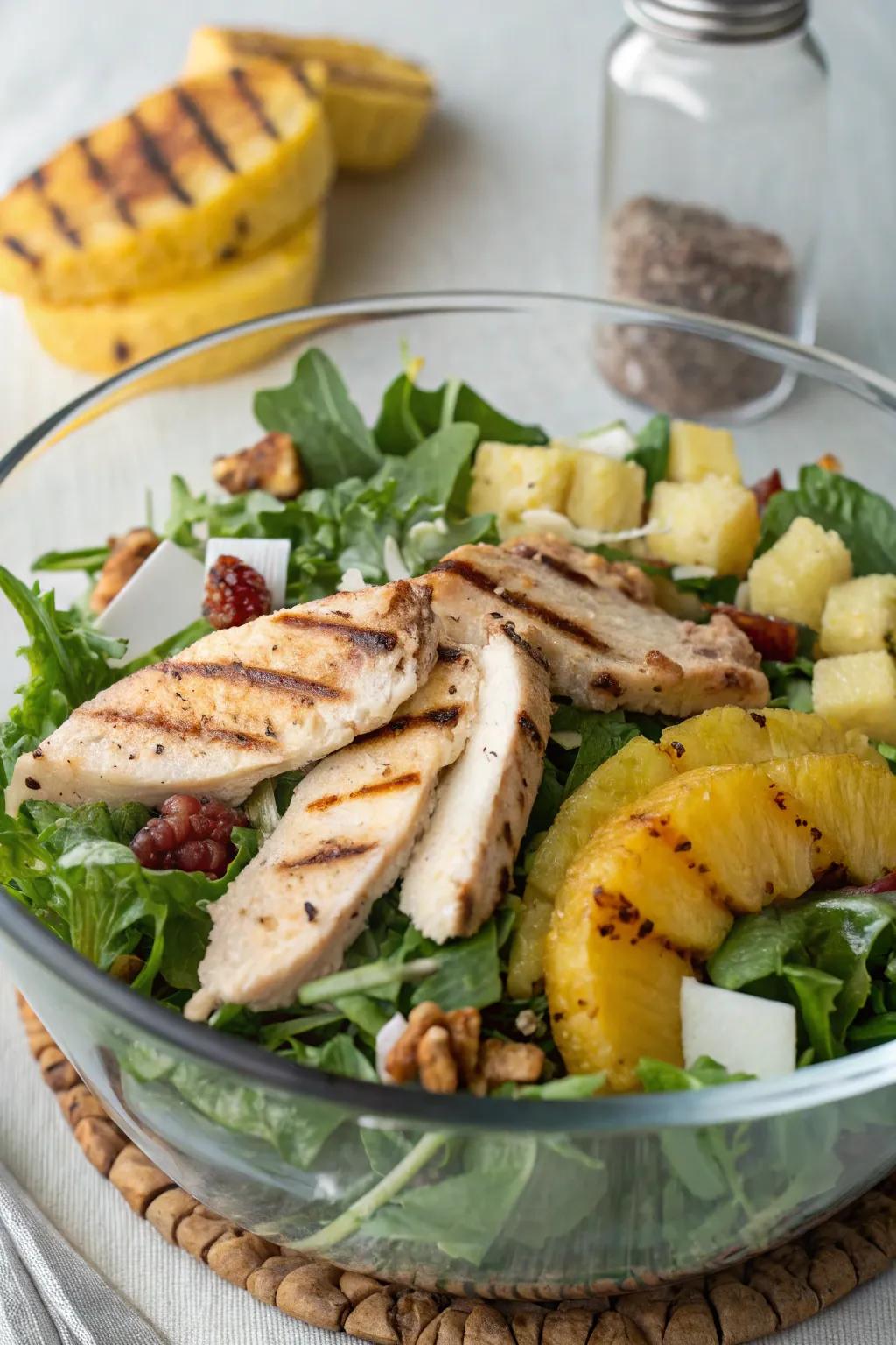A sweet and savory grilled pineapple and chicken salad.