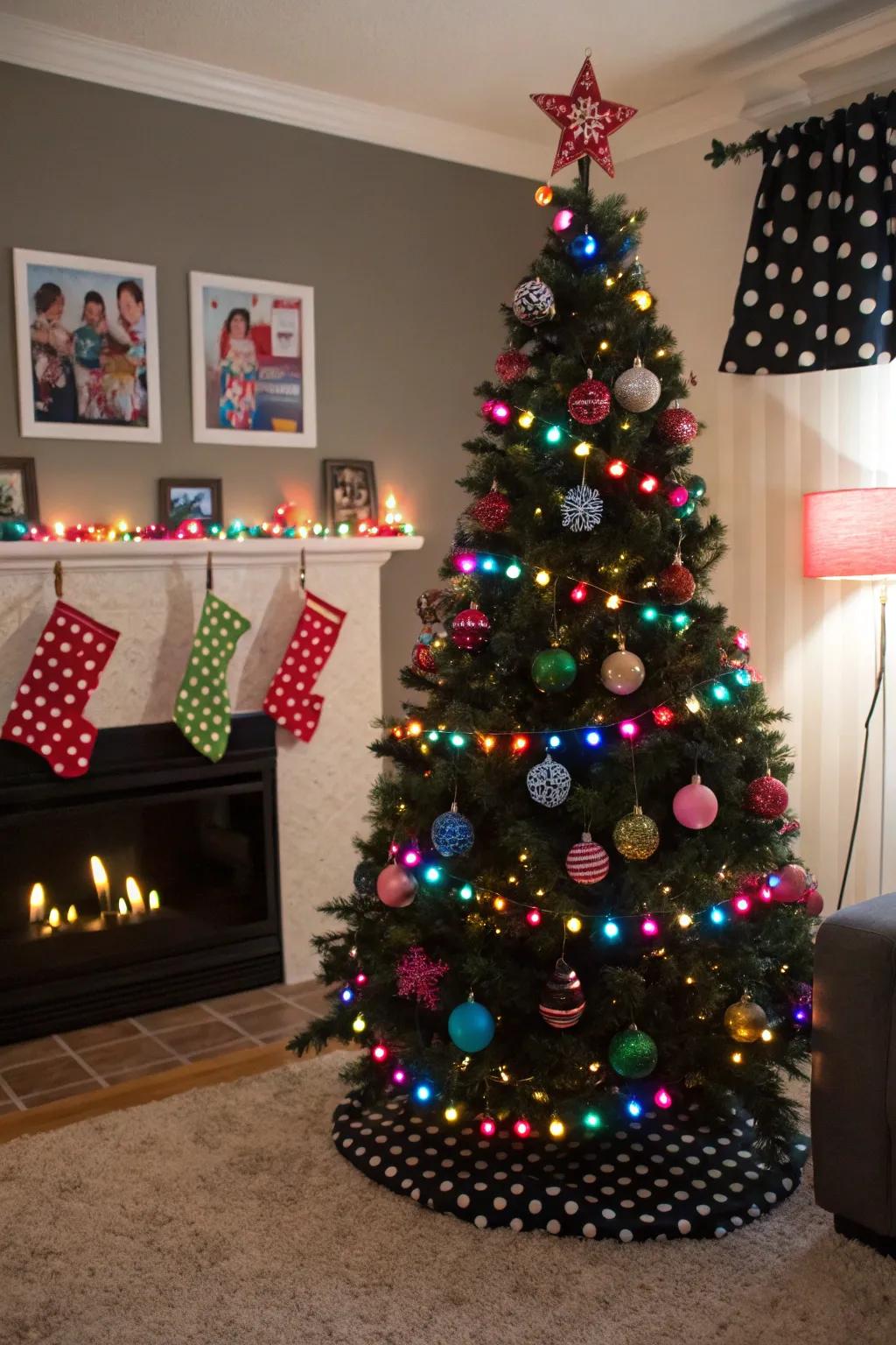 An ebony fir using playful patterned decorations.