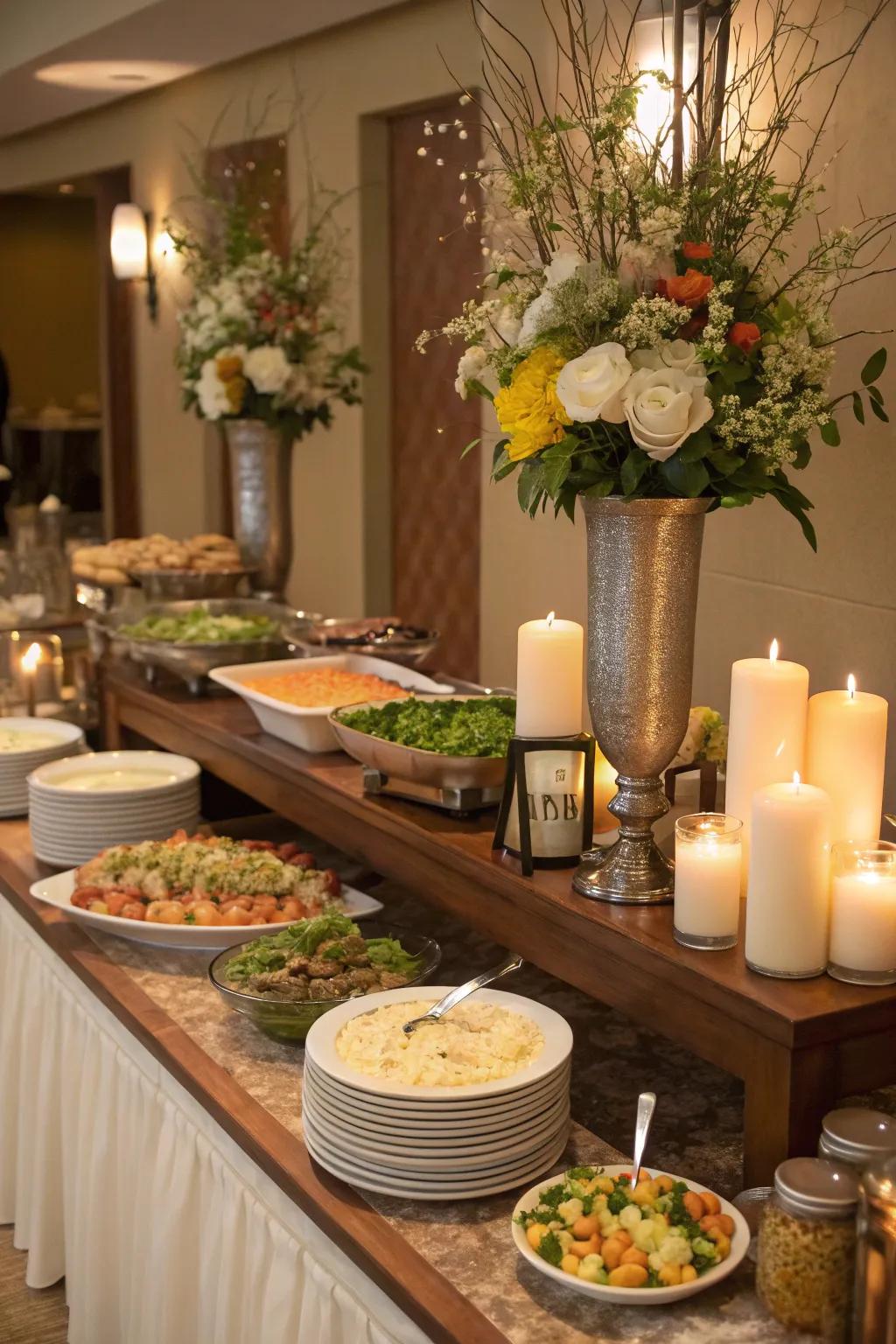 The triad principle infuses equilibrium and fulfillment into this buffet decor.