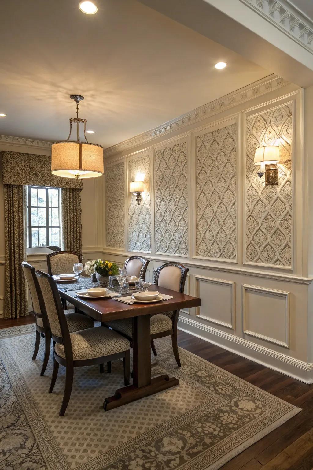 Textural panels build depth and character to this inviting dining space.