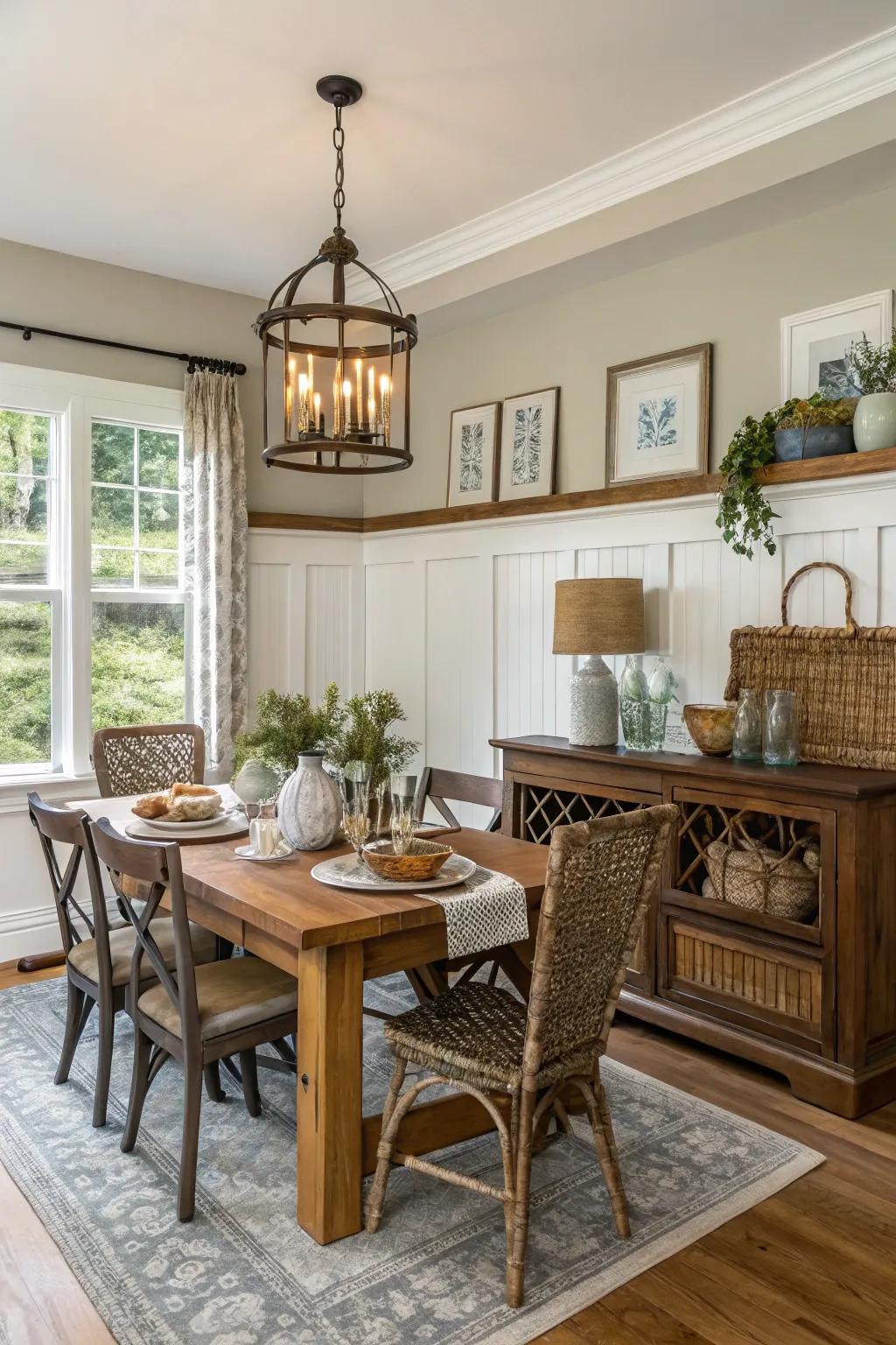 Unrefined wood paneling infuses warmth and texture.
