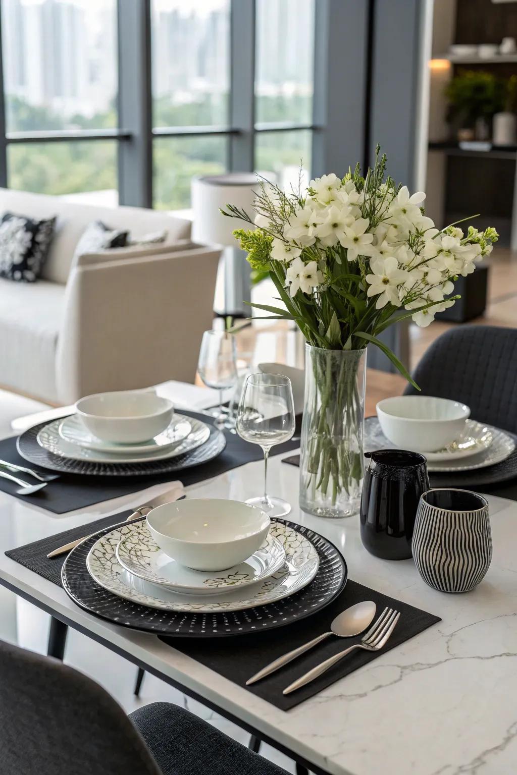 A dining table featuring a monochrome decor theme.