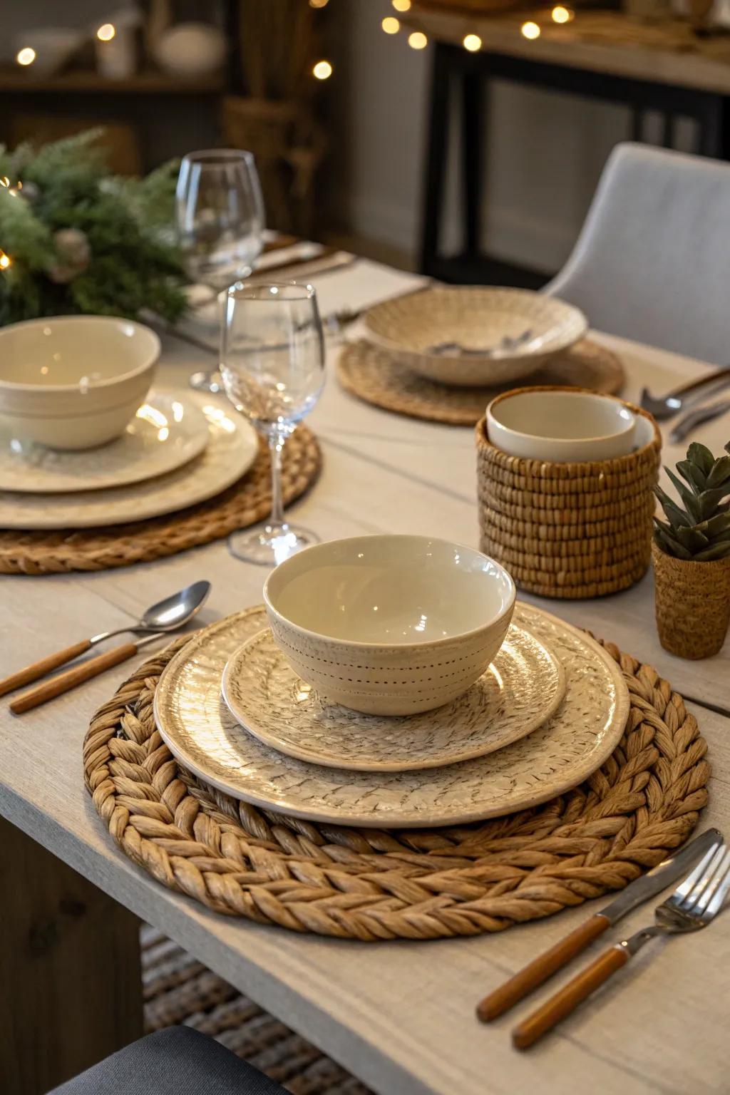 Artisanal impressions like handmade pottery contribute character to the table.