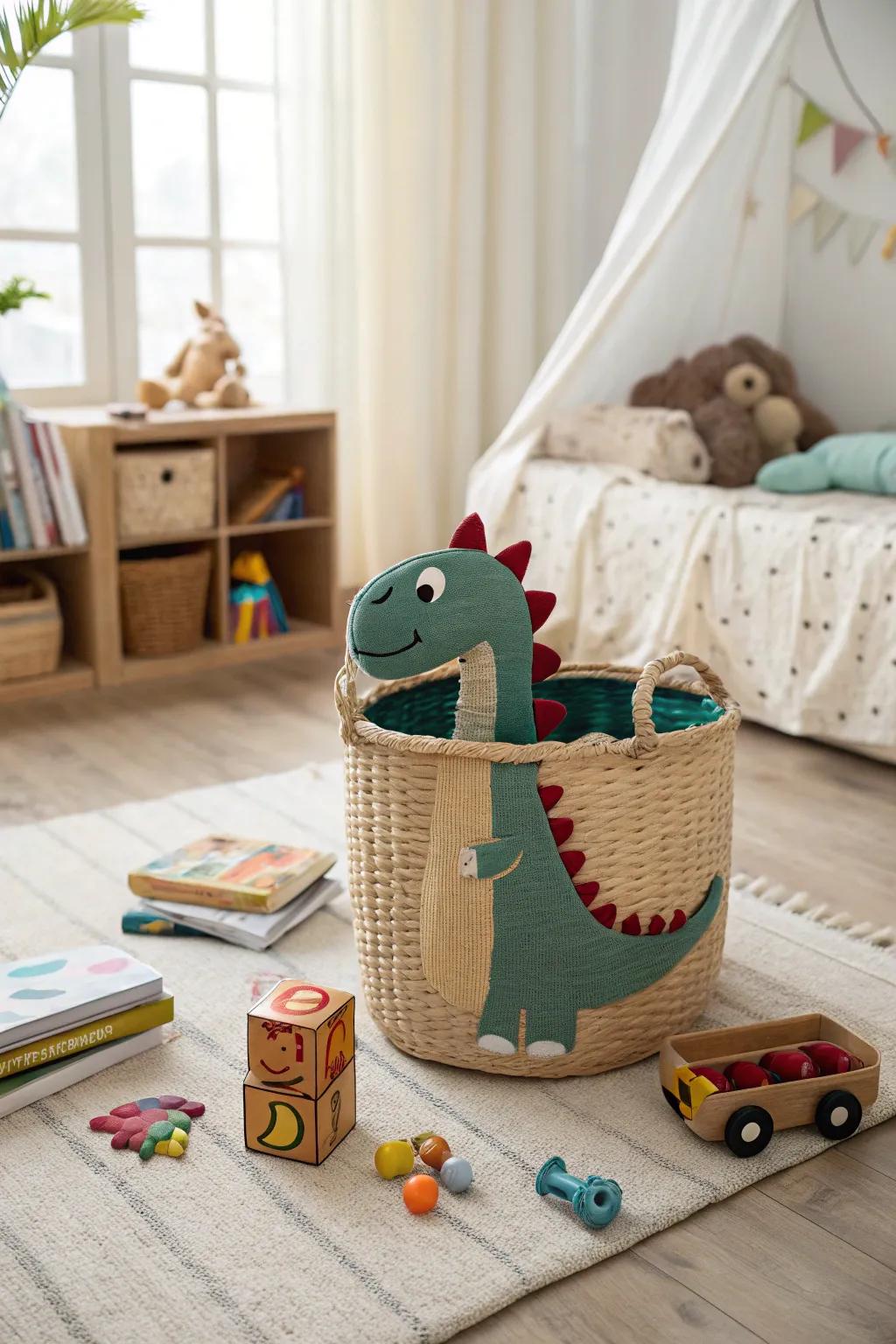 A woven dino basket that combines storage with playful design.