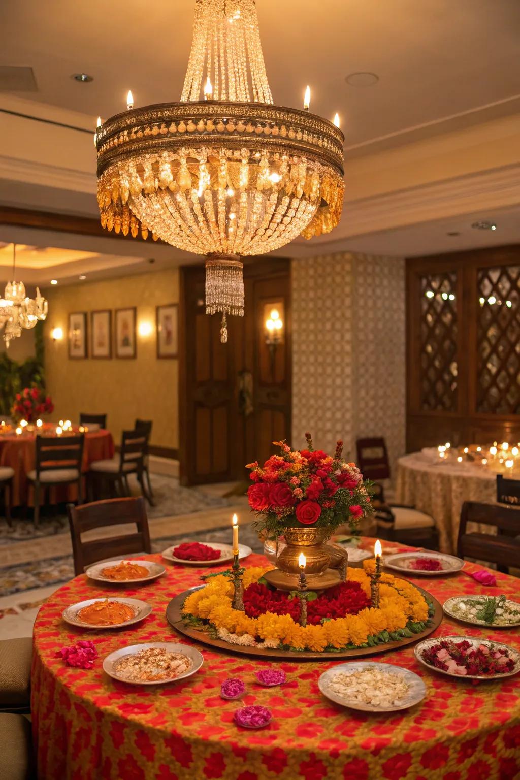 A chandelier contributes opulence and grandeur.