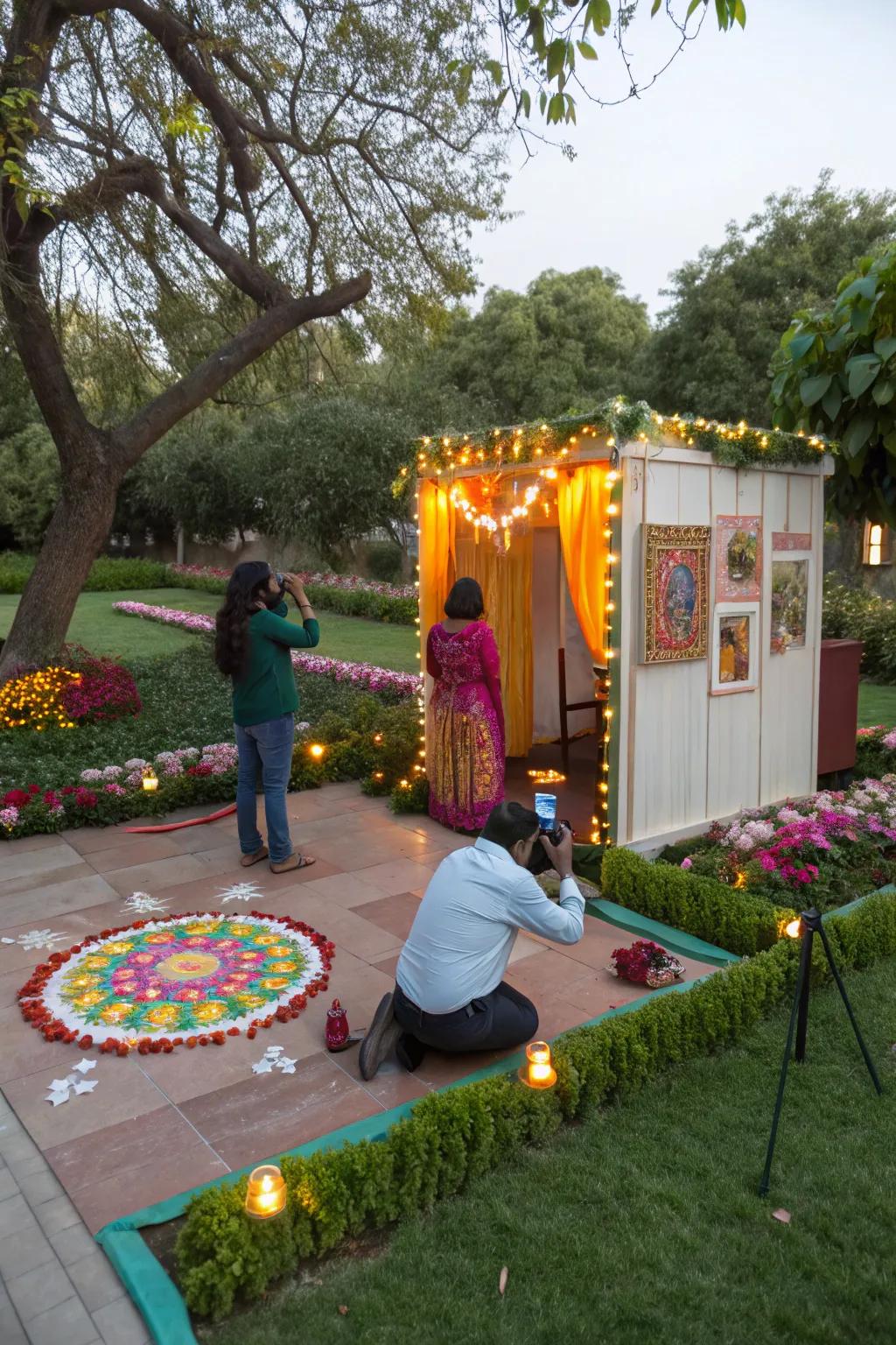 An invigorating cultivated area setup for an outdoor Diwali photo booth.
