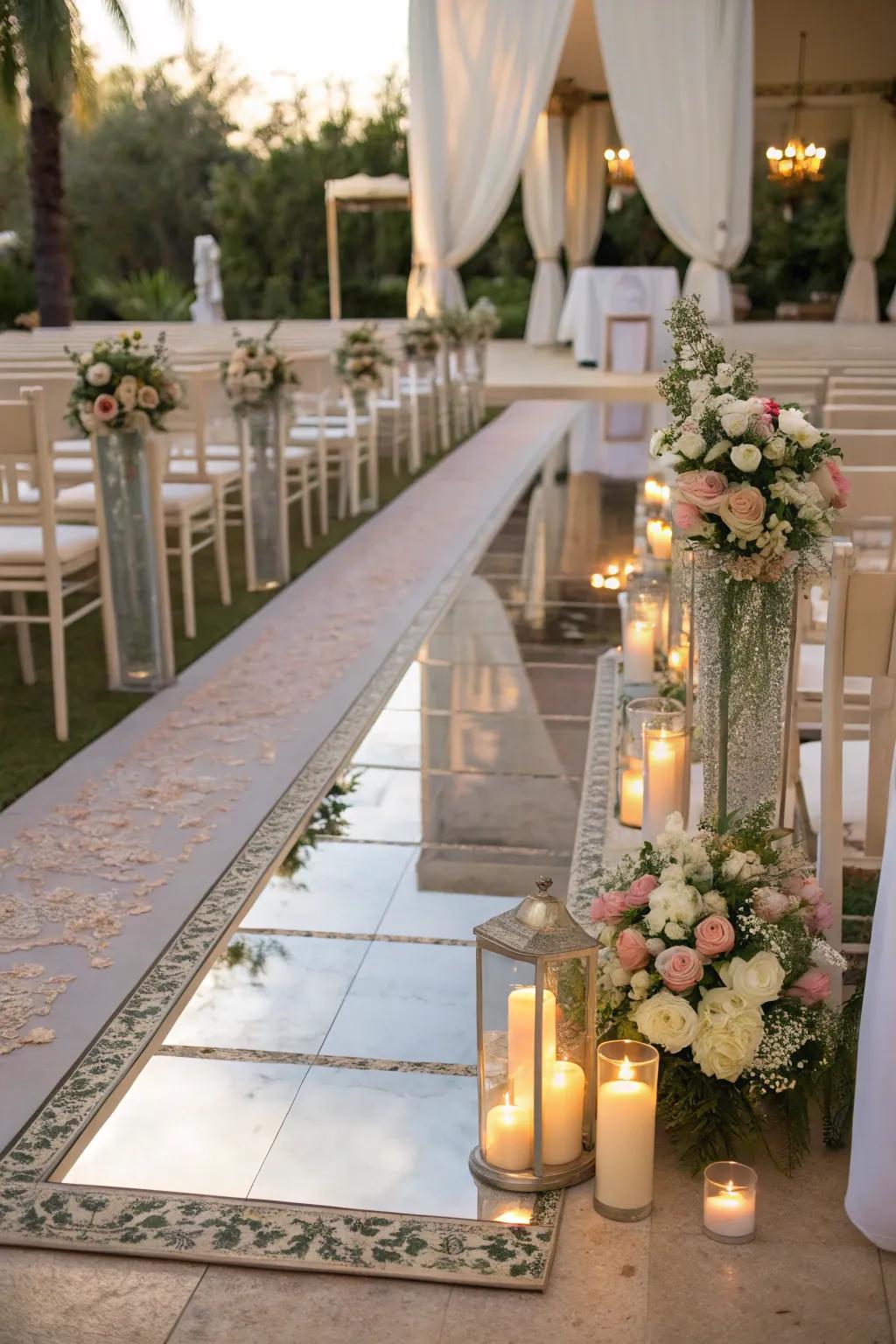 A mirror processional runner imparts a singular and reflective impression.