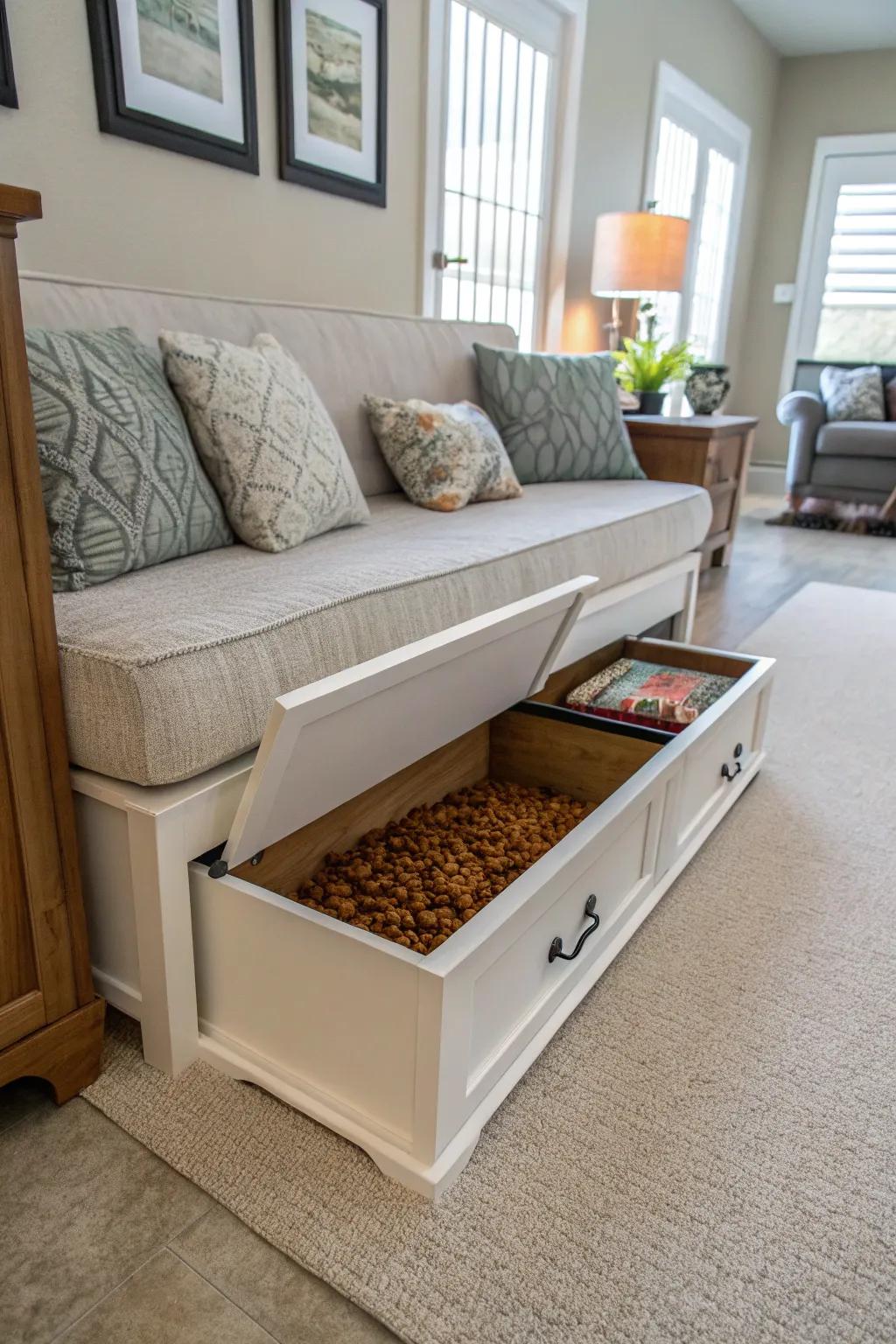 Convertible furnishings featuring hidden compartments keep kibble storage unobtrusive and elegant.