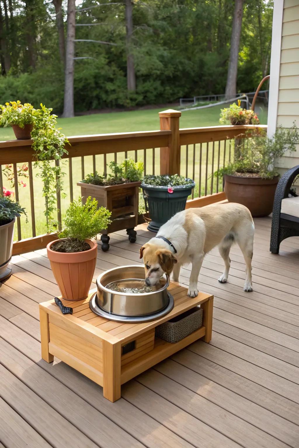 A water bowl spot keeps your dog hydrated during play.