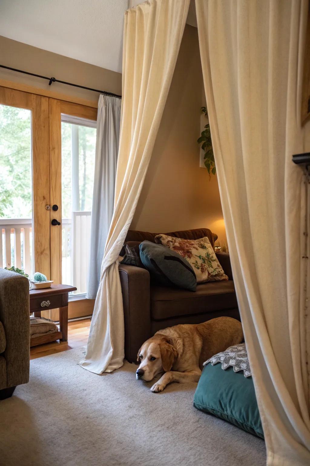 A hidden dog nook with drapes offers a private and exclusive retreat in the living room.