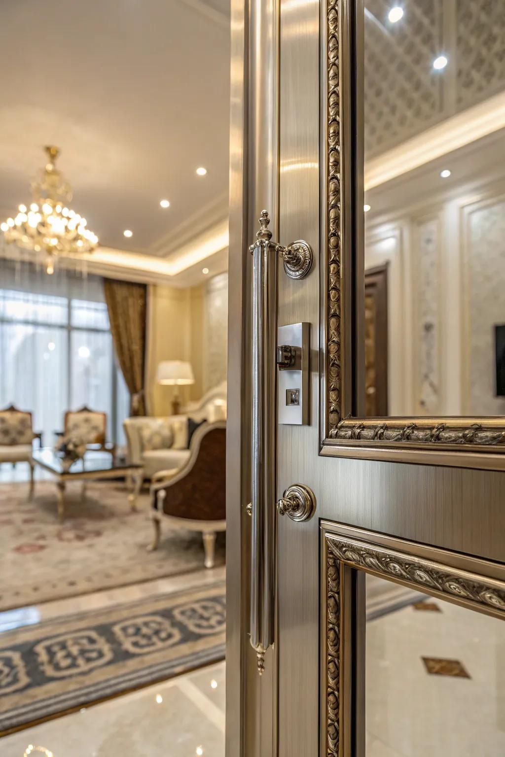 This elegant room is made more subtly opulent by the addition of metallic accents on the door trim.