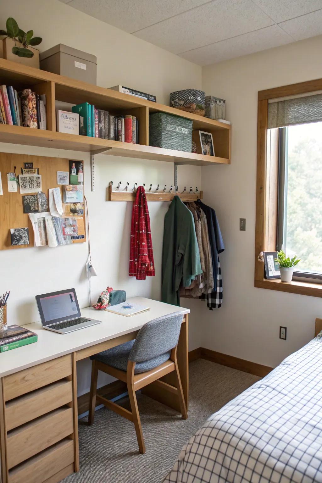 Dorm room wall-mounted storage that optimizes space usage.