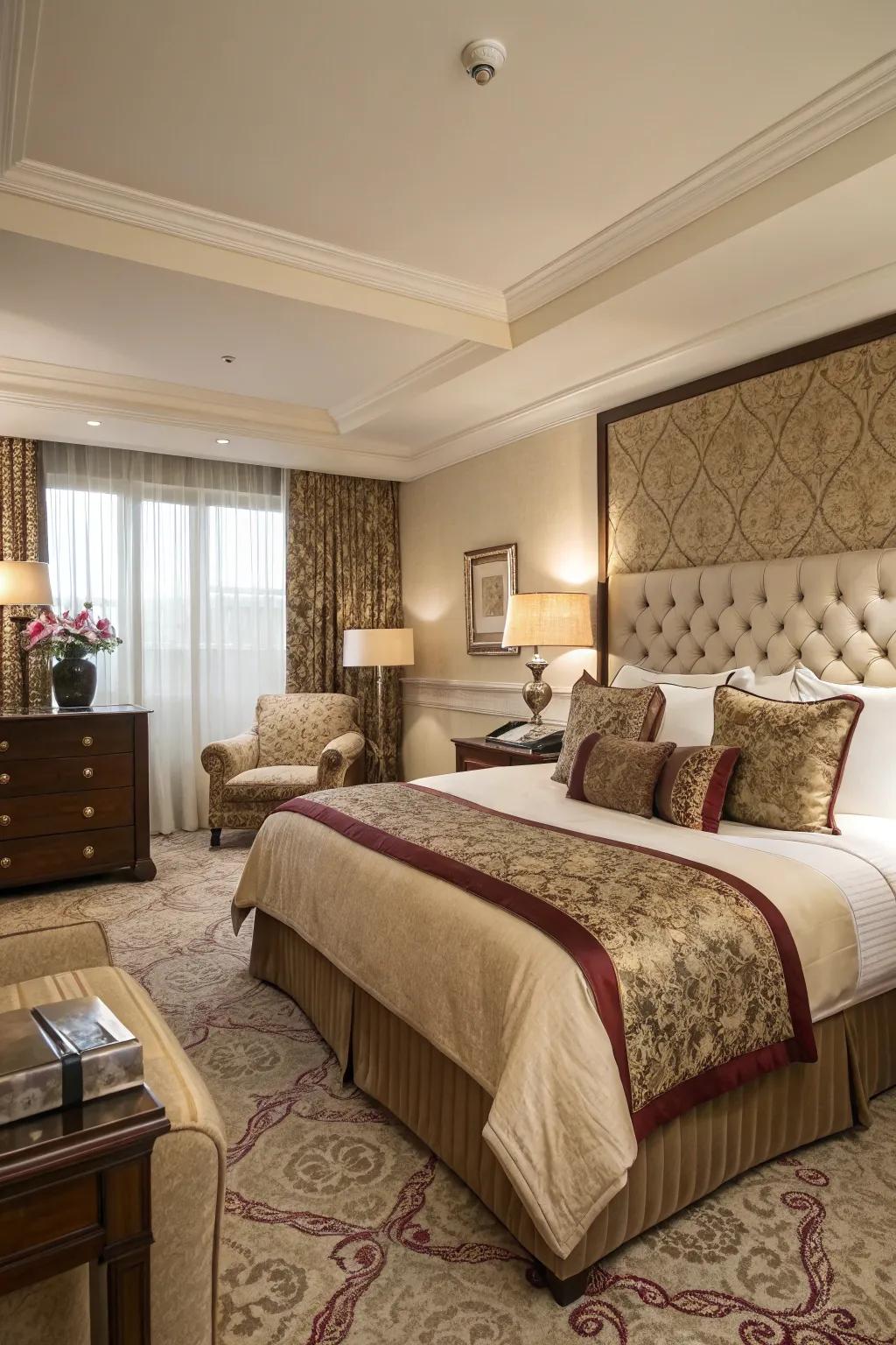 Upscale lodge ambiance offers ultimate bedroom indulgence.
