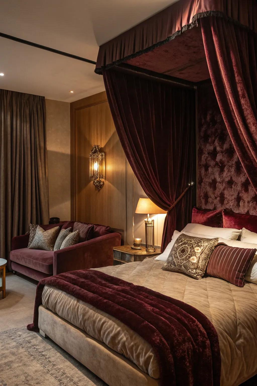 A bedroom featuring velour drapery and cushions providing a touch of luxury.