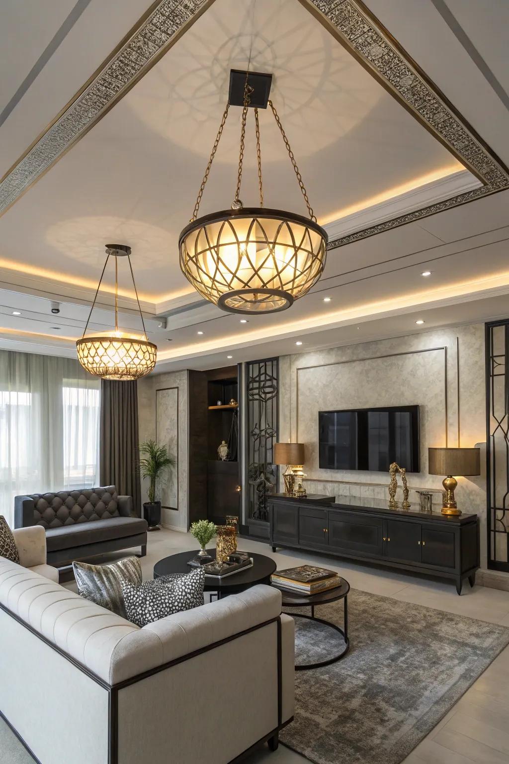 Blended metal components bring depth to this chic family room.
