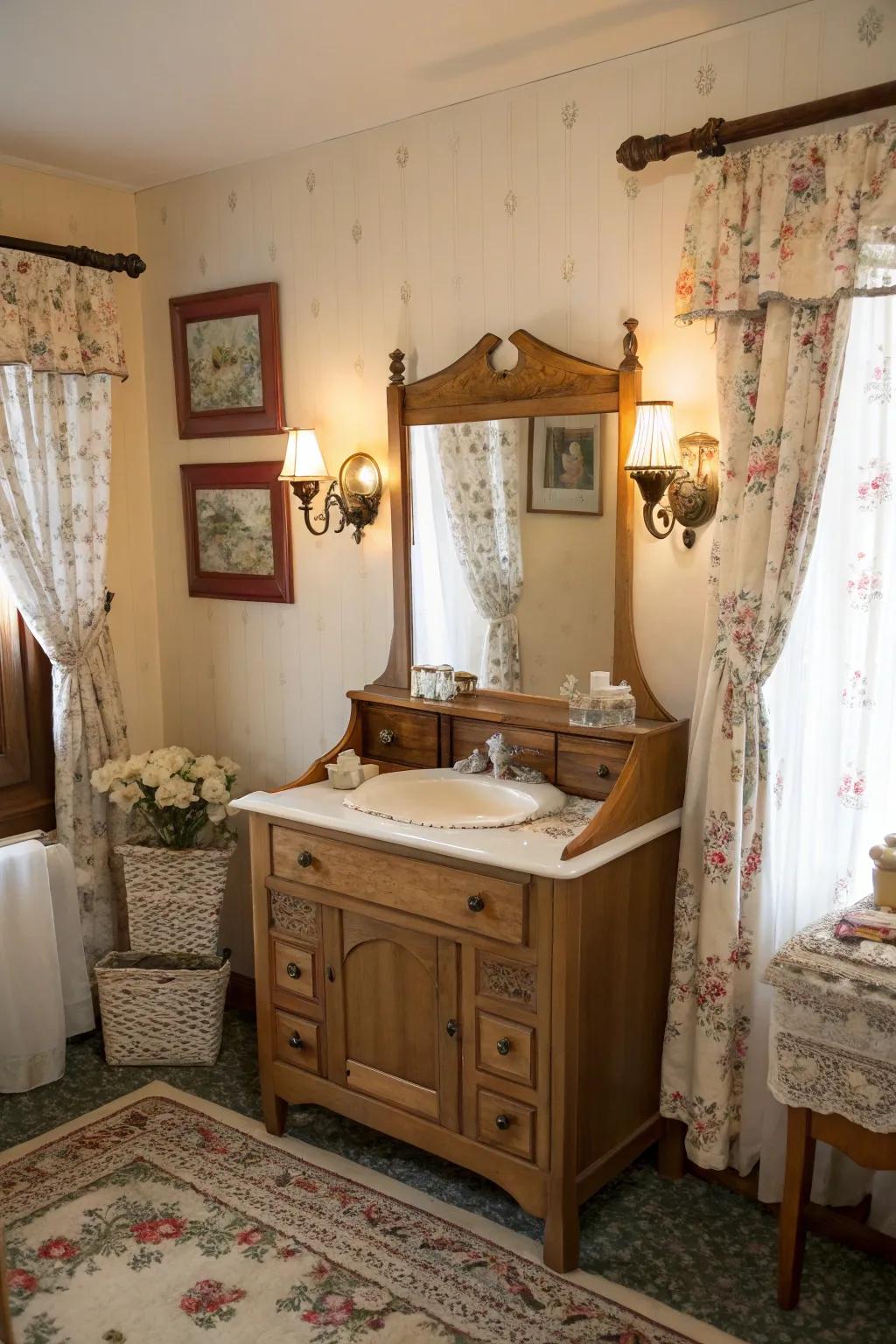 An antique cabinet sink becomes a charming vanity with a glass.
