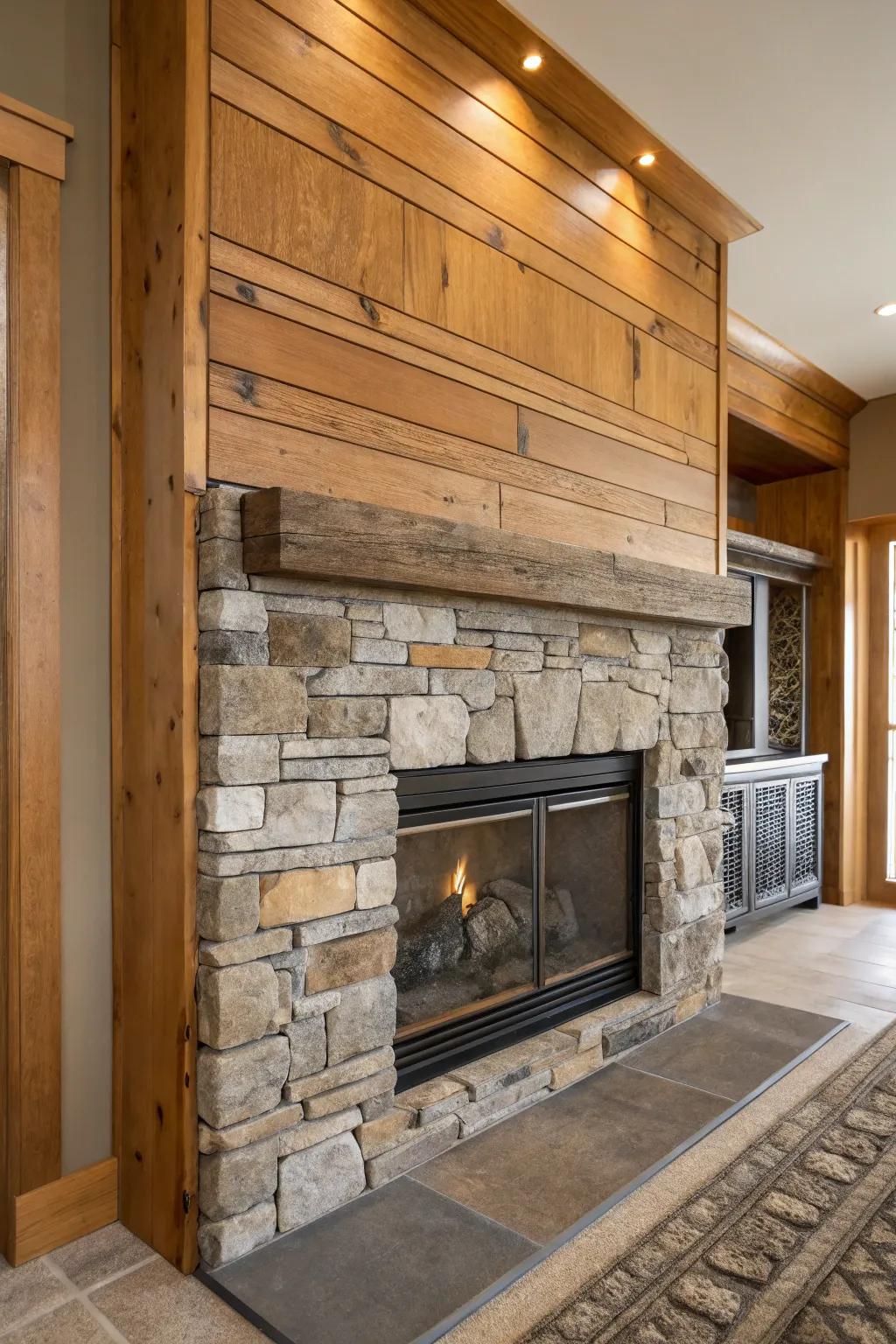 Tiering materials appends profundity to a drywall fireplace.