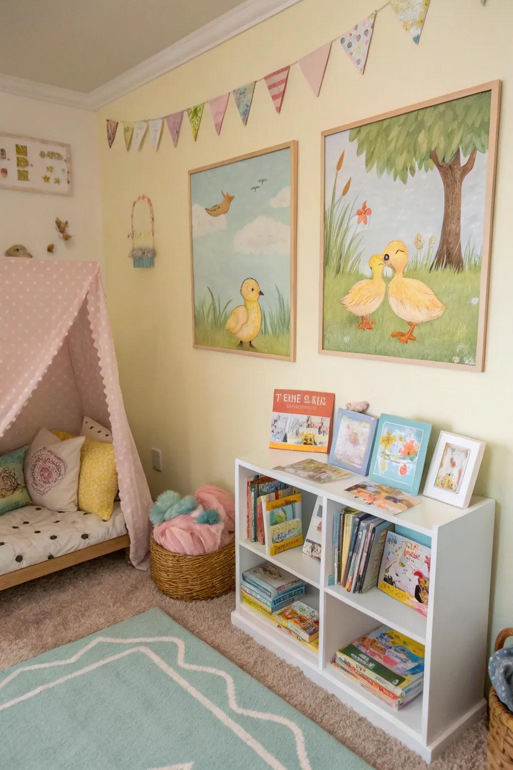 Duckling short rhymes fashion a whimsical, storybook atmosphere.