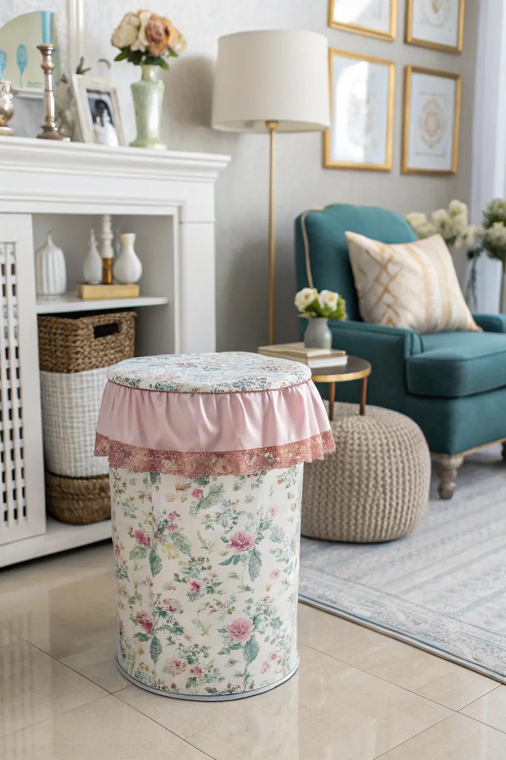 Ornamental fabric enclosures introduce flair to indoor trash receptacles.