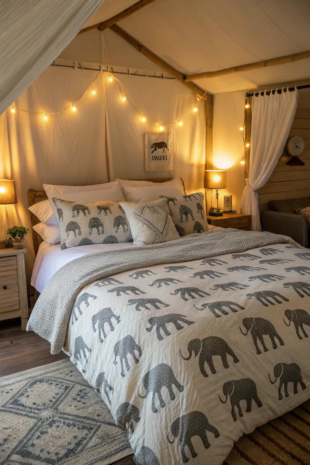Pachyderm design bedding creates a serene and stylish bedroom atmosphere.
