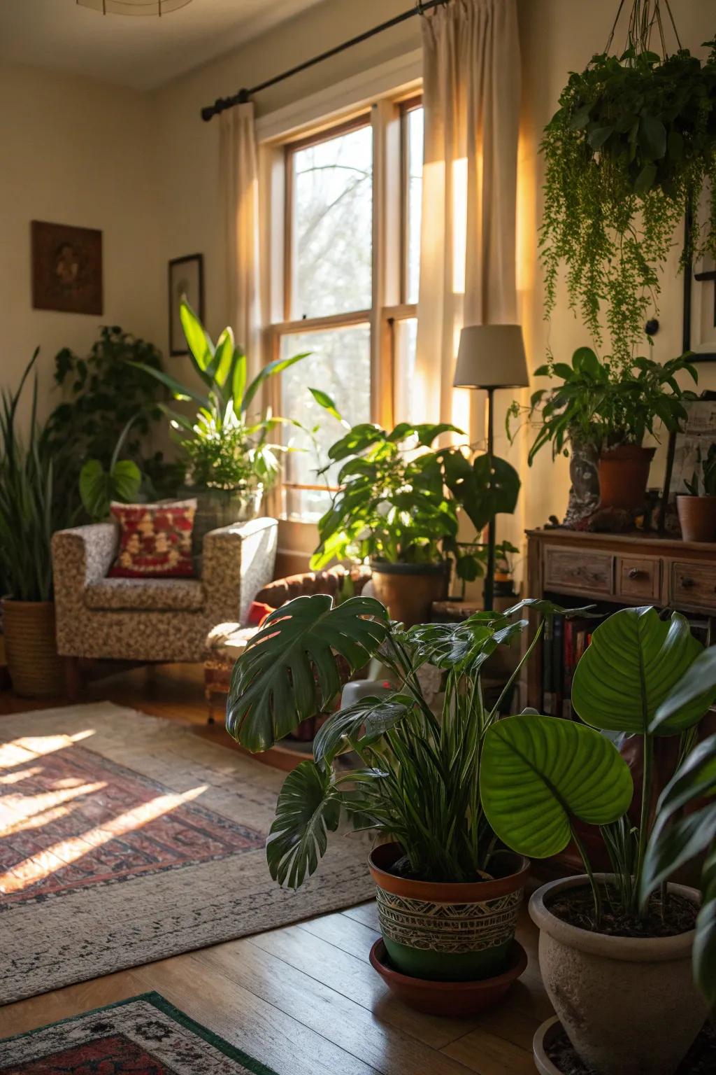 Vegetation conveys a native component indoors.