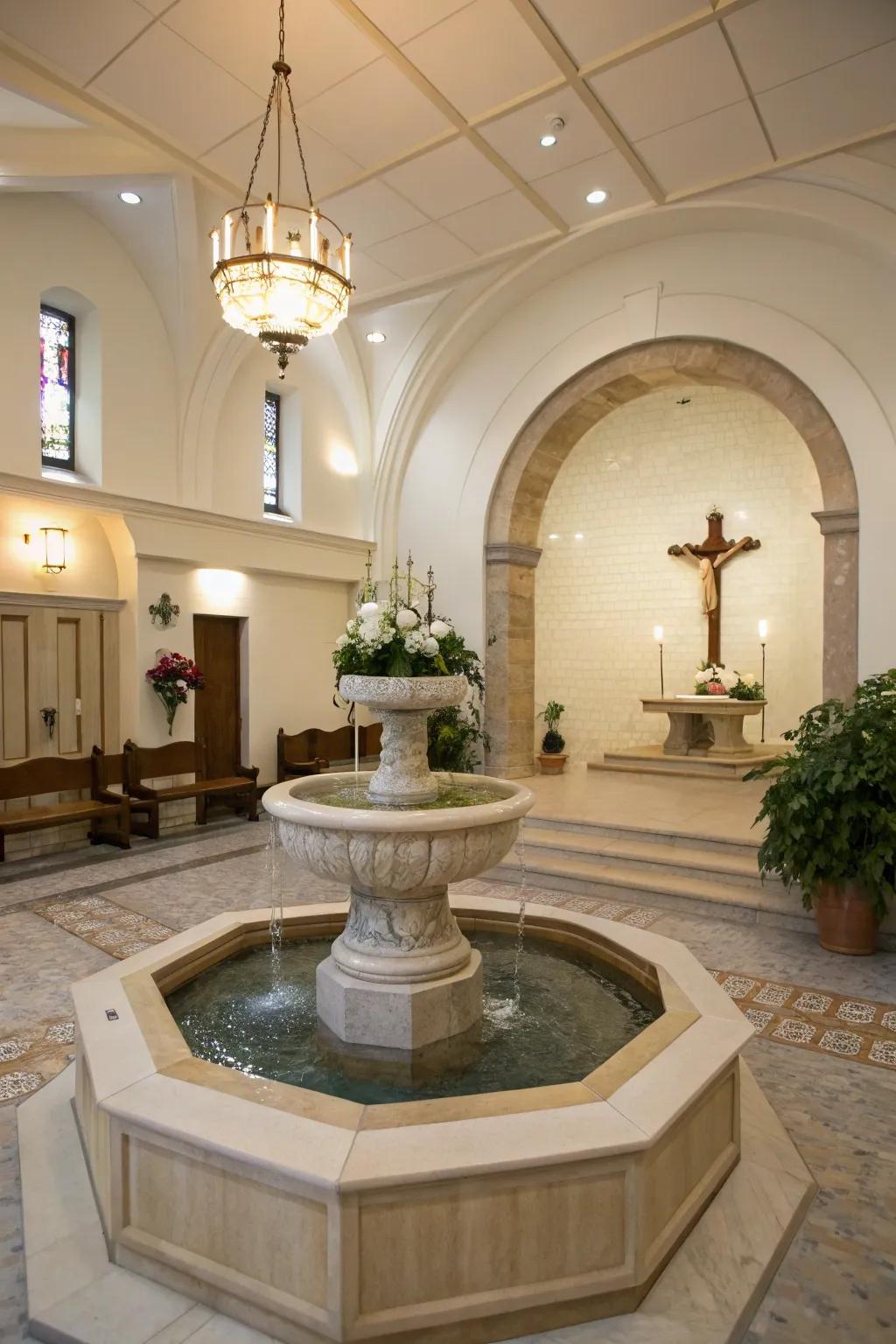 A compact water feature adds tranquility to the church foyer.
