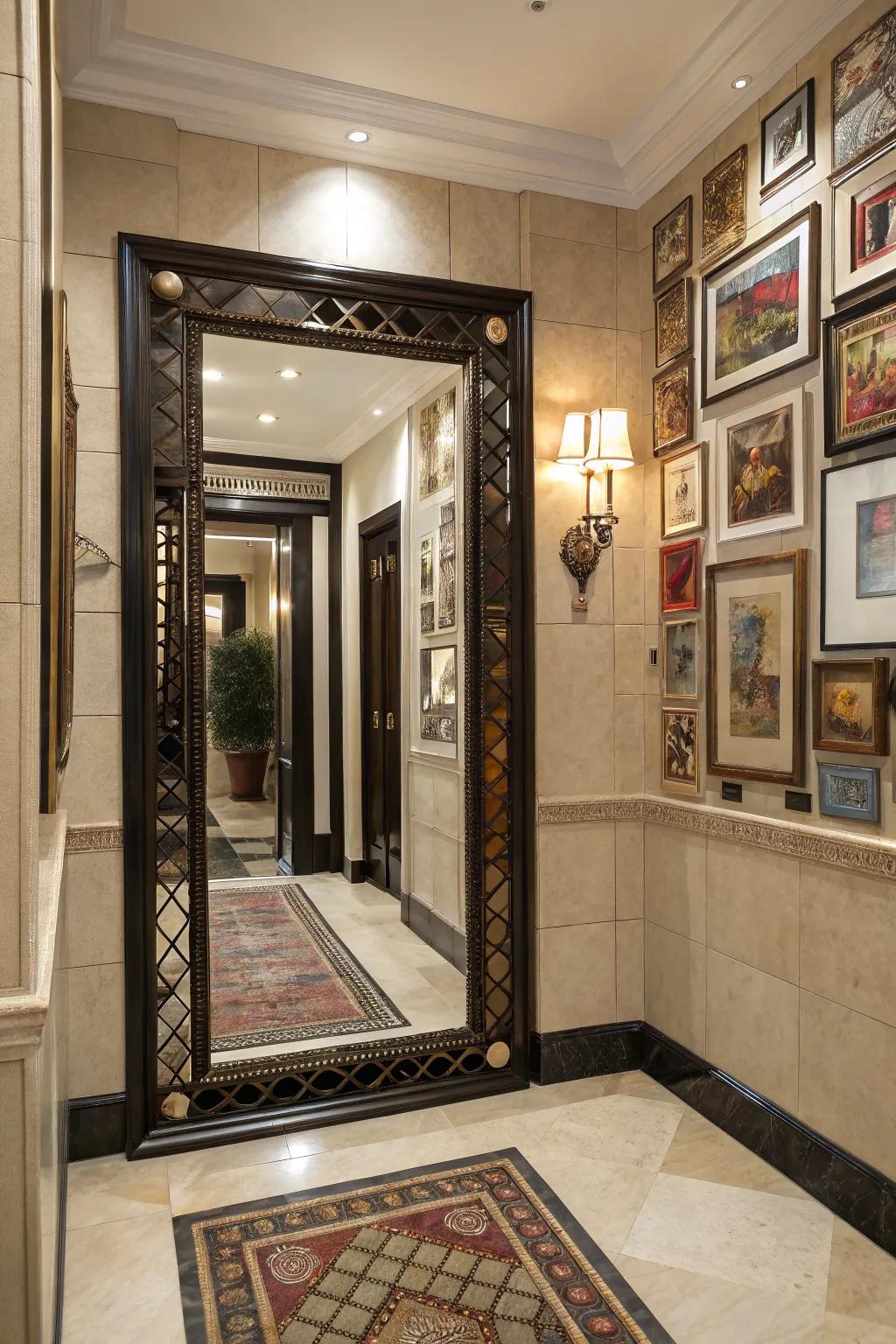 Layering art over a mirror adds a unique and artistic touch to the entryway.
