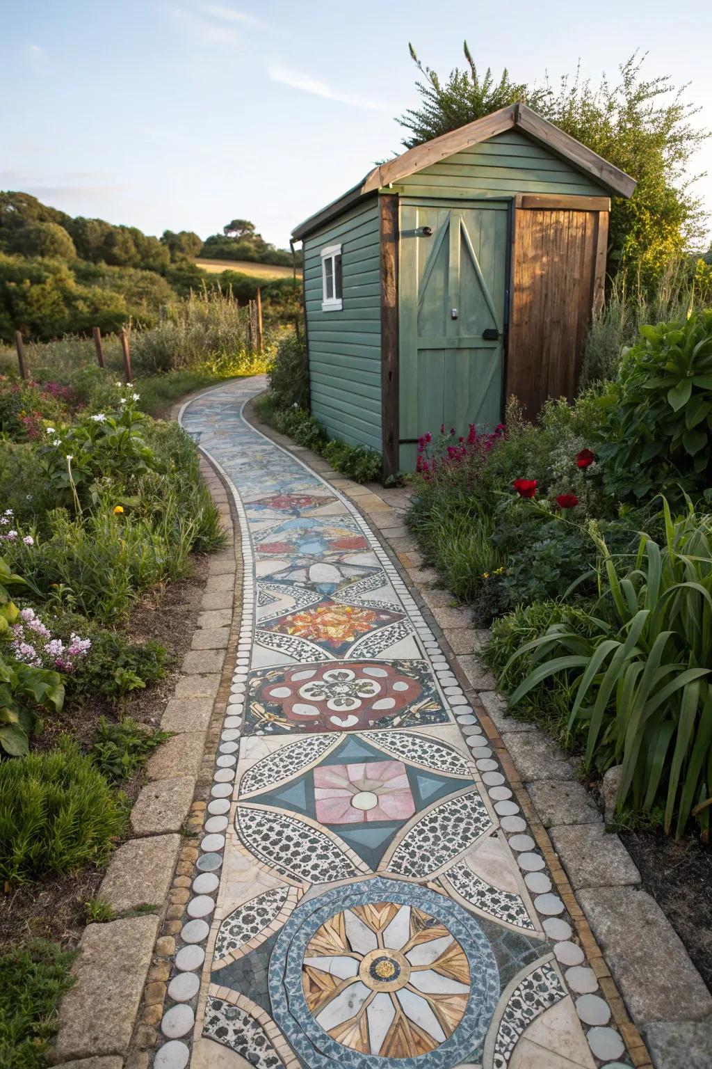 A mosaic pathway creates an artistic approach.