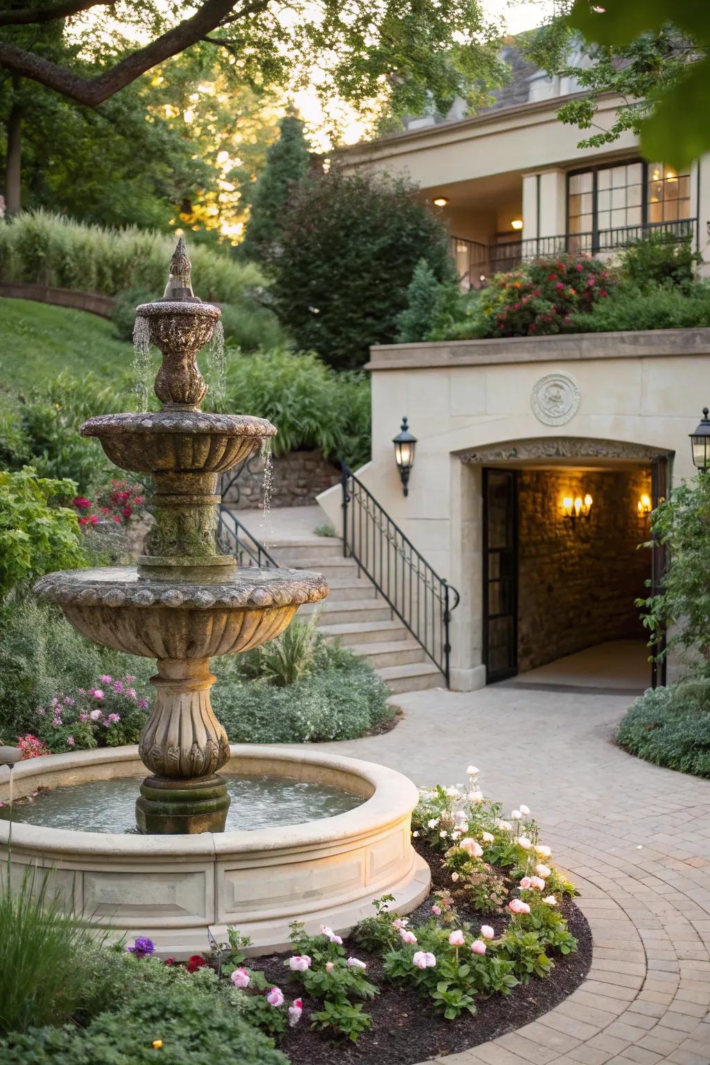 An elegant water feature adds tranquility to the entryway of a basement.