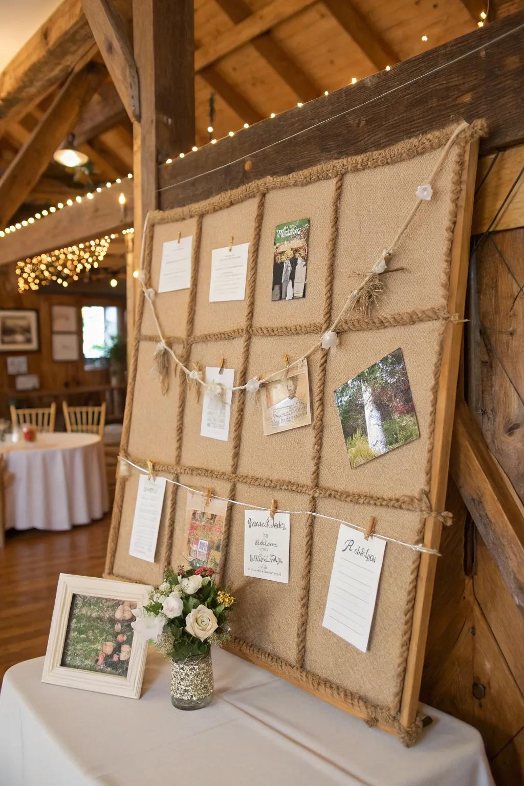 Countryside cottage appeal on an autumnal display board with hessian and string.