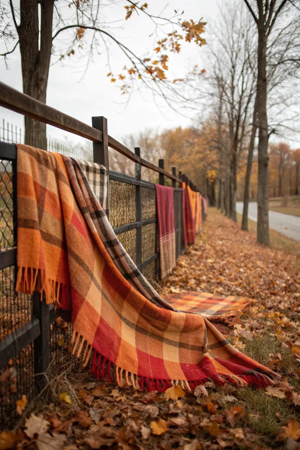 Plaid fabric in autumn shades contributes a cozy visual to the fence.