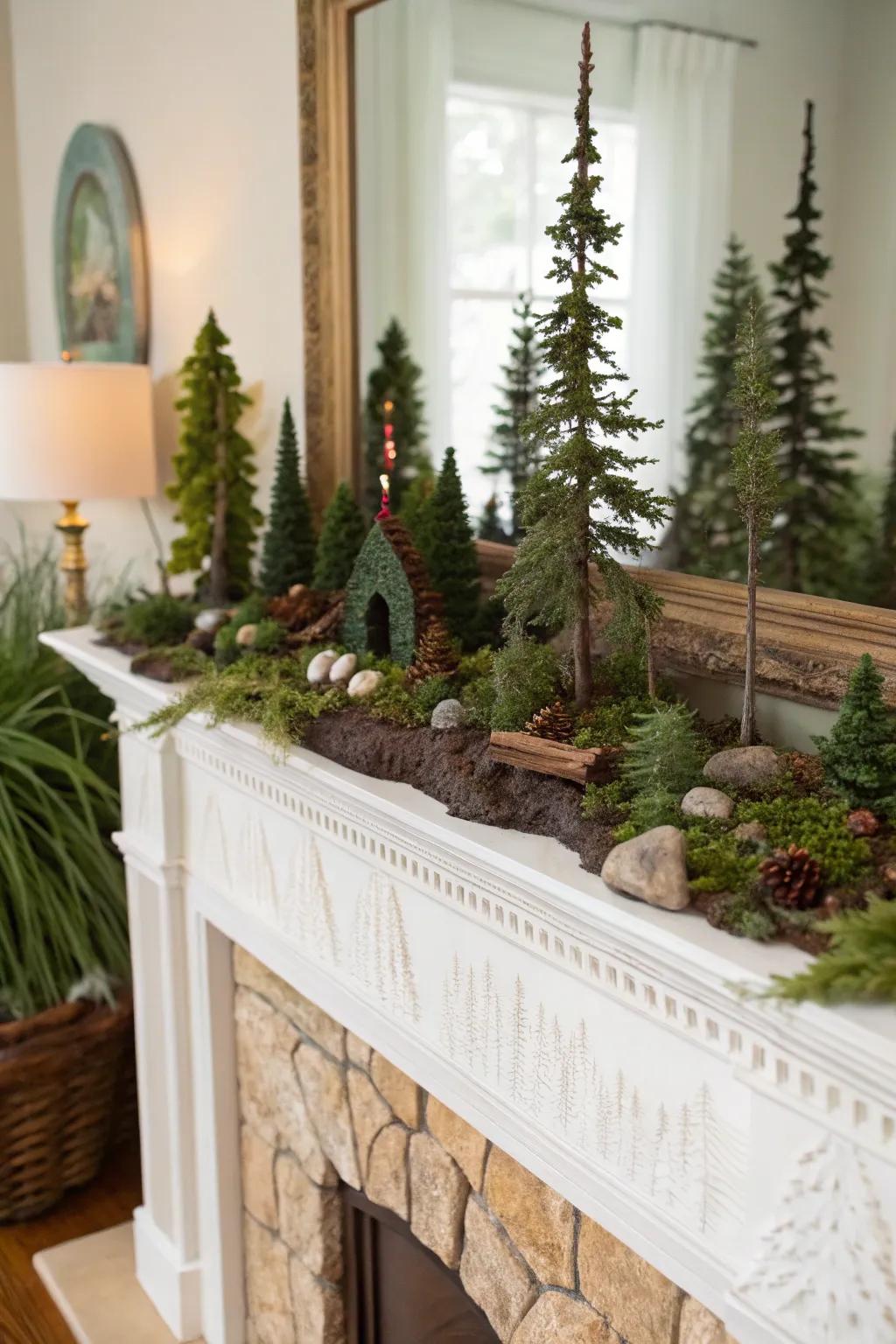 A whimsical autumnal fireplace with a miniature woodland panorama.