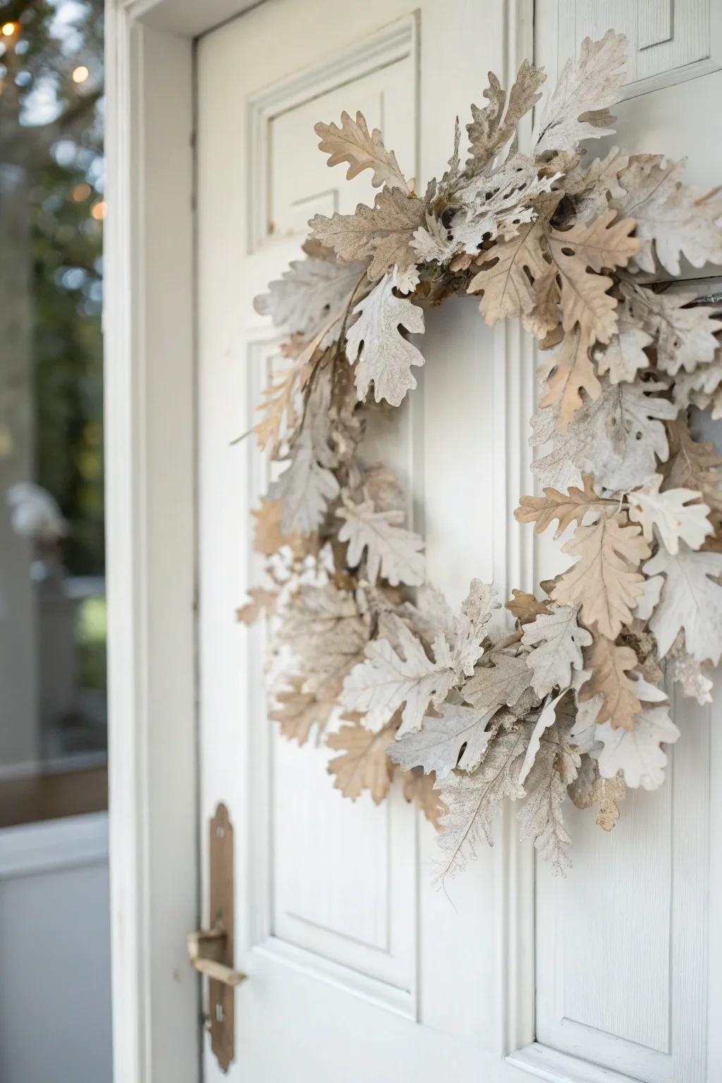 Whitened oak leaves proffer a singular and airy layout.
