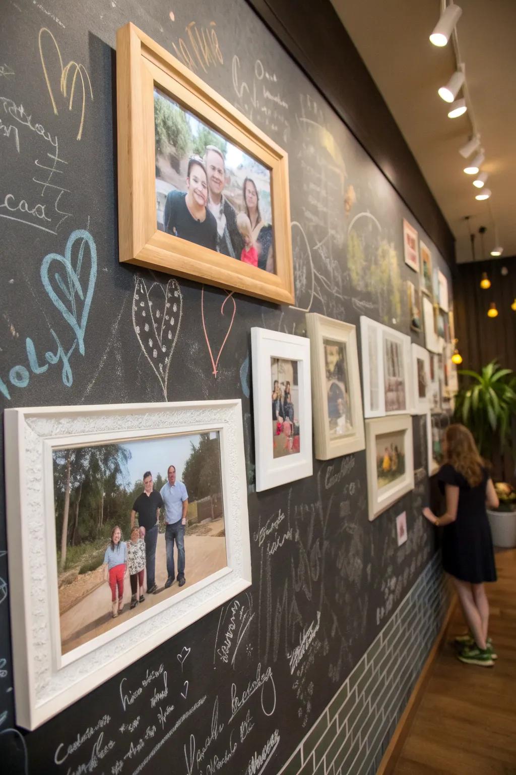 Chalkboard wall with personalized photo arrangement.