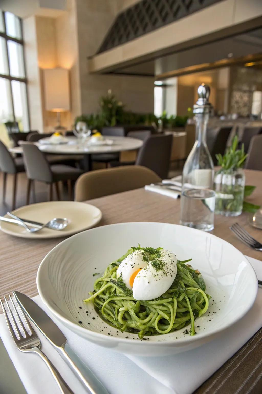 Eggs with spiralized zucchini are a refreshing and low-carb choice.